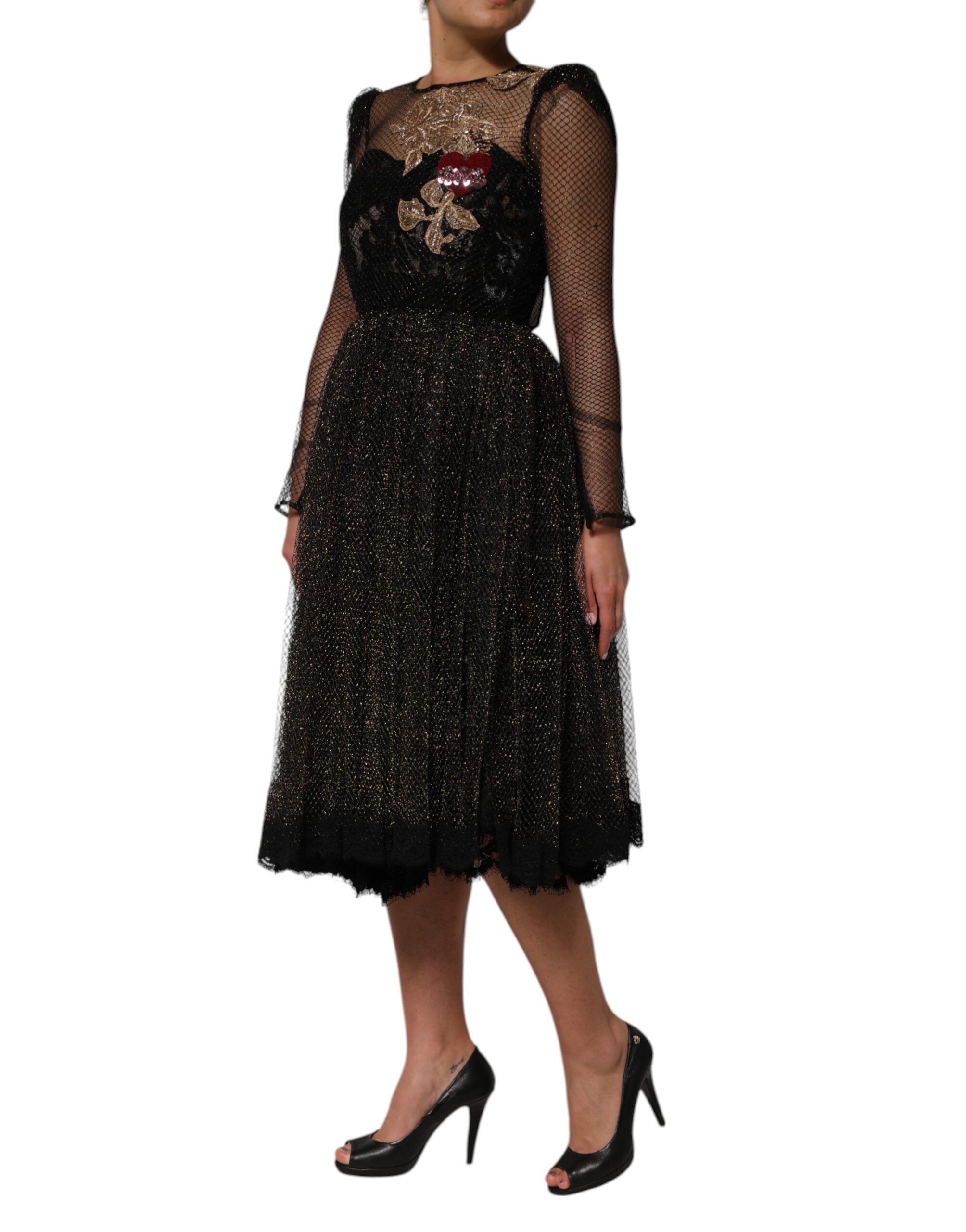 Dolce &amp; Gabbana Sort Krystalhjerteudsmykket A-formet Kjole