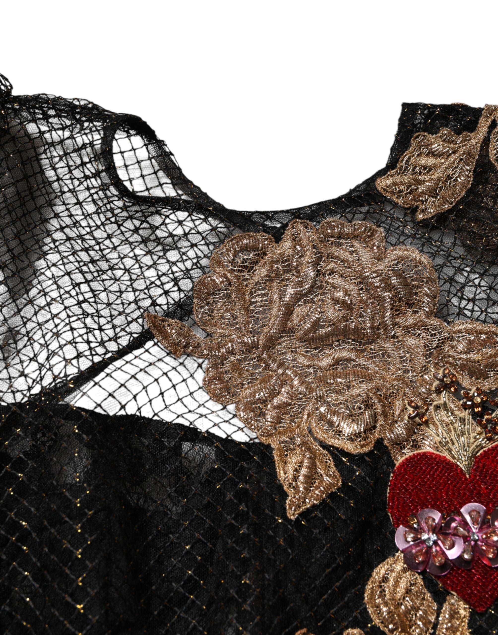 Dolce &amp; Gabbana Sort Krystalhjerteudsmykket A-formet Kjole