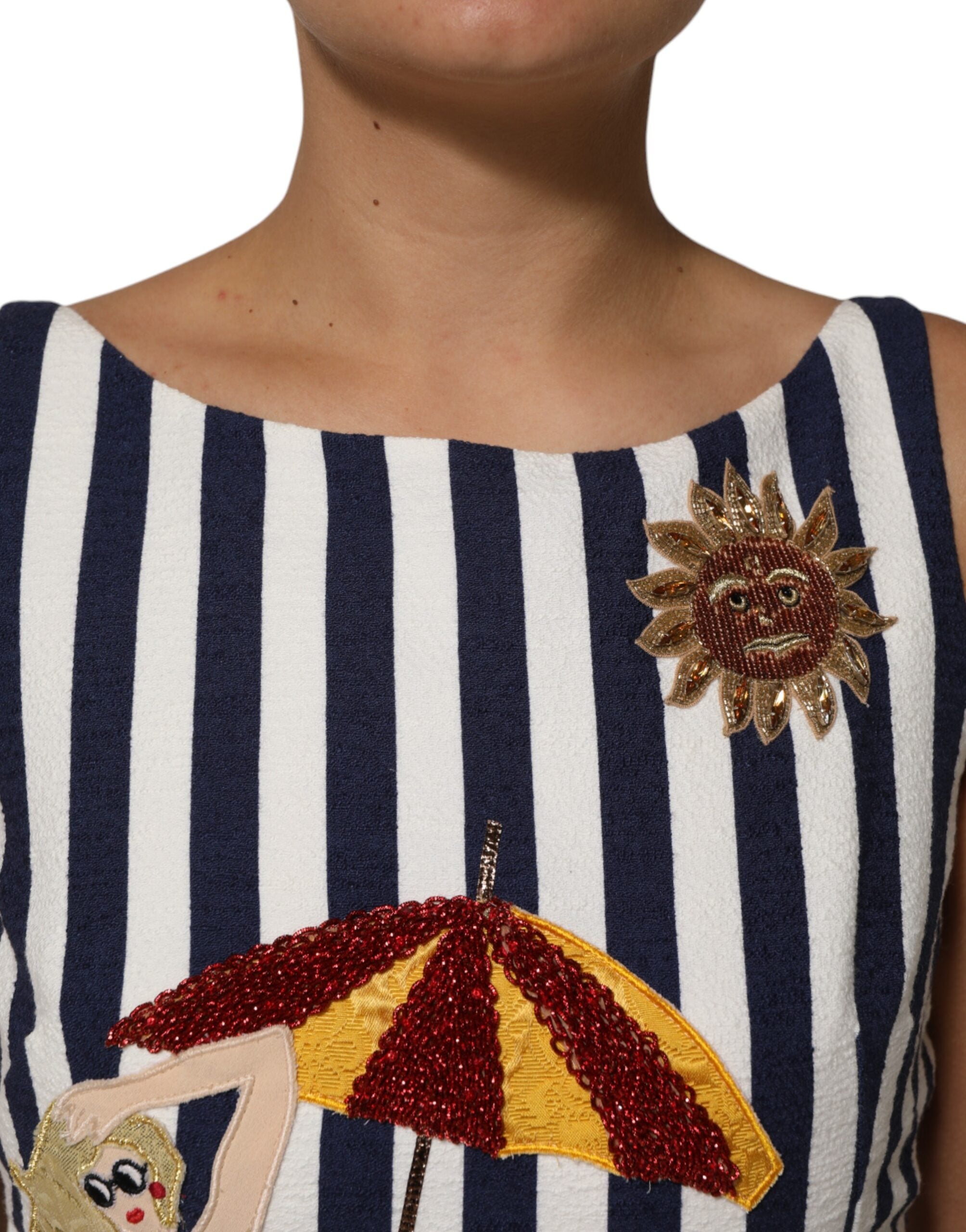Dolce &amp; Gabbana Blå Hvid Stribet Broderet A-linje Kjole