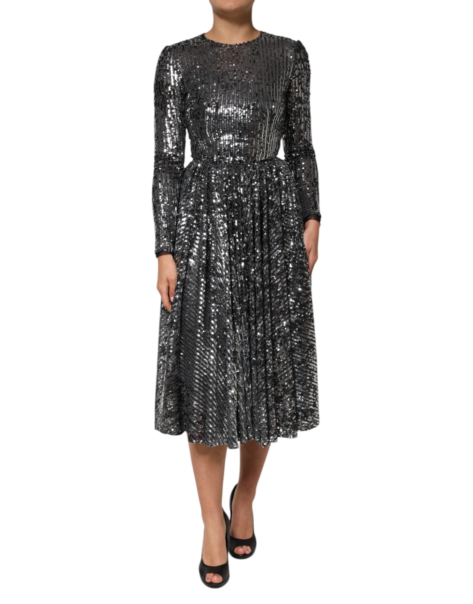Dolce &amp; Gabbana Sort pailletteret midi-kjole med lange ærmer og A-linje