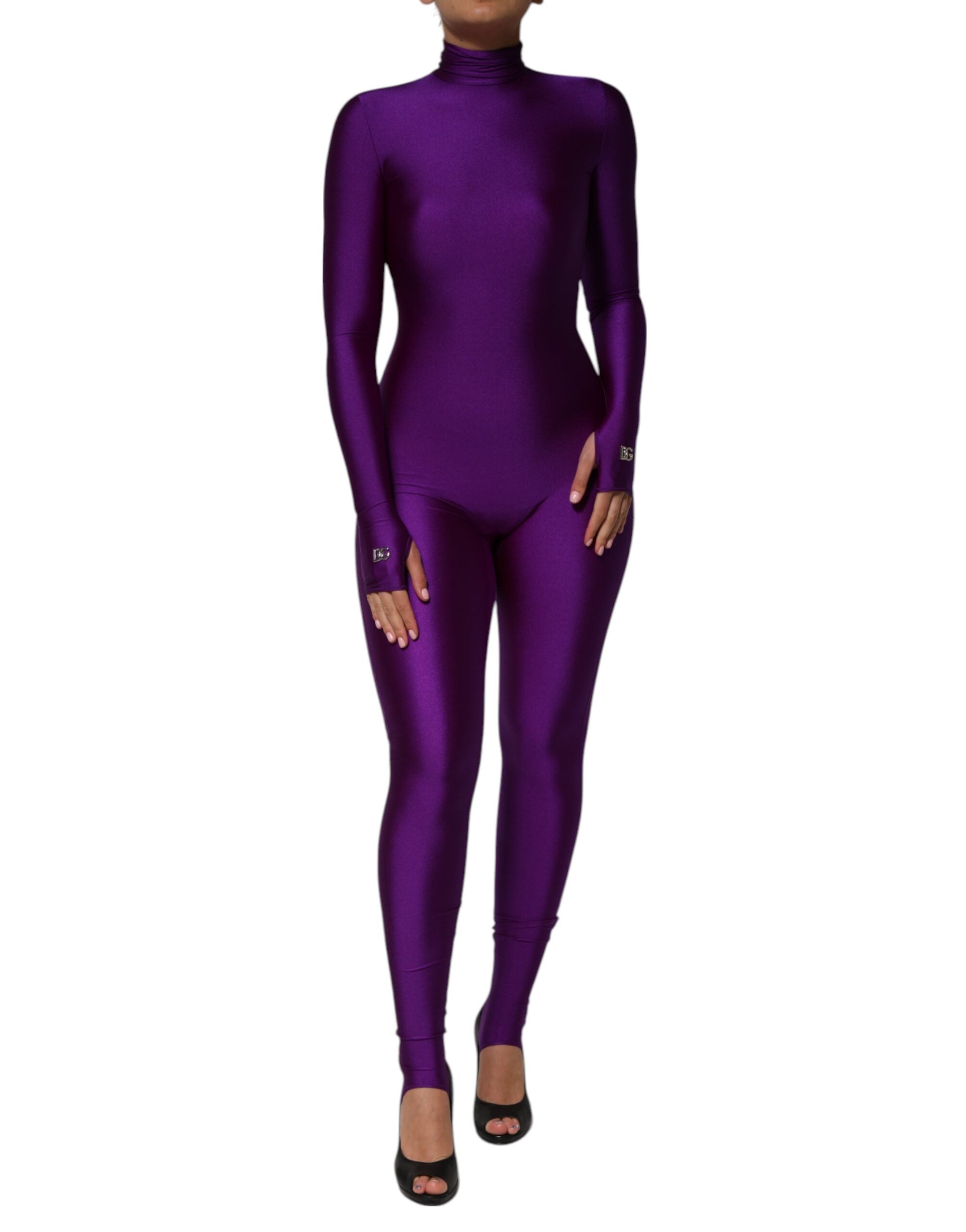 Dolce &amp; Gabbana Lilla Nylon Turtleneck Bodycon Jumpsuit Kjole