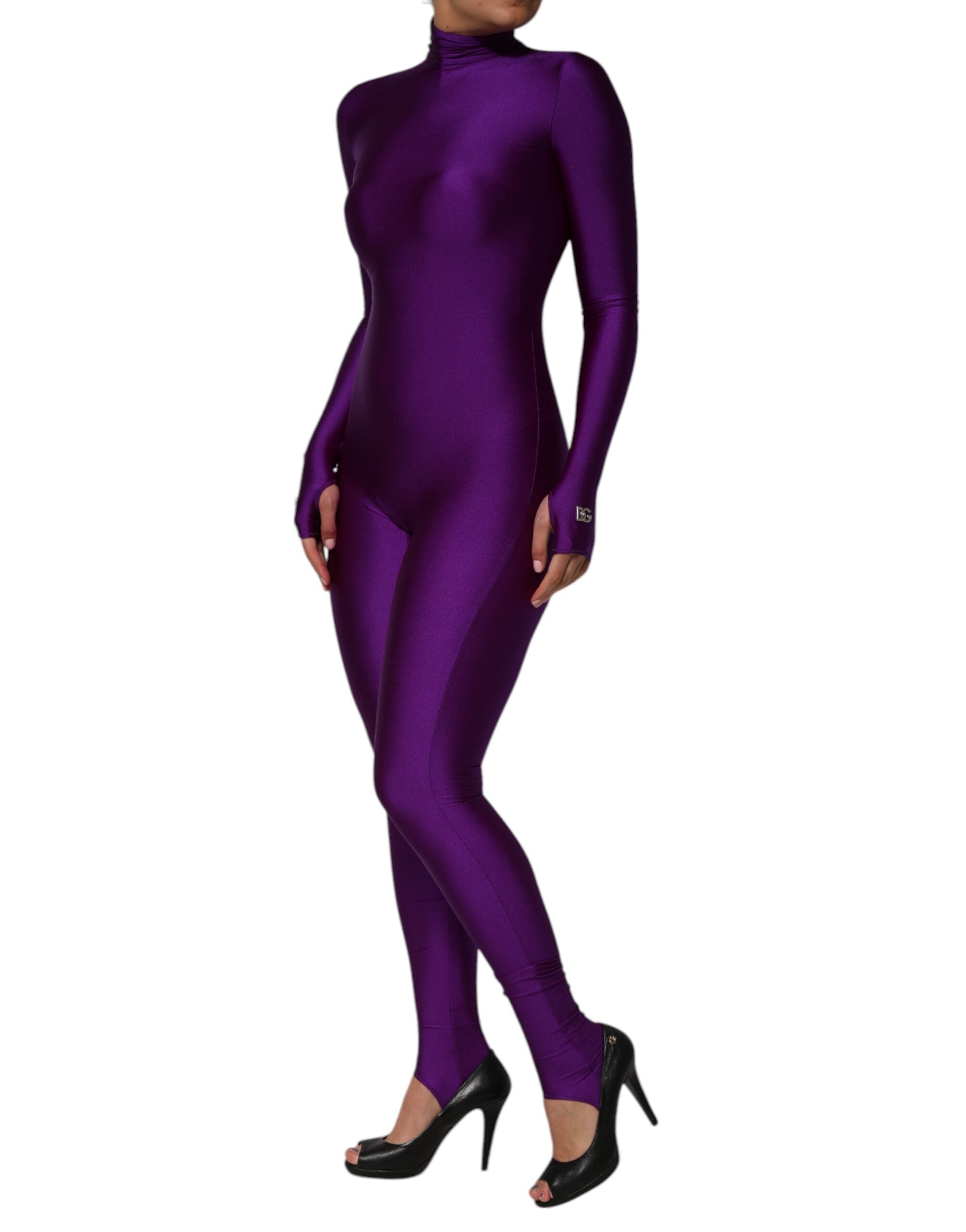 Dolce &amp; Gabbana Lilla Nylon Turtleneck Bodycon Jumpsuit Kjole