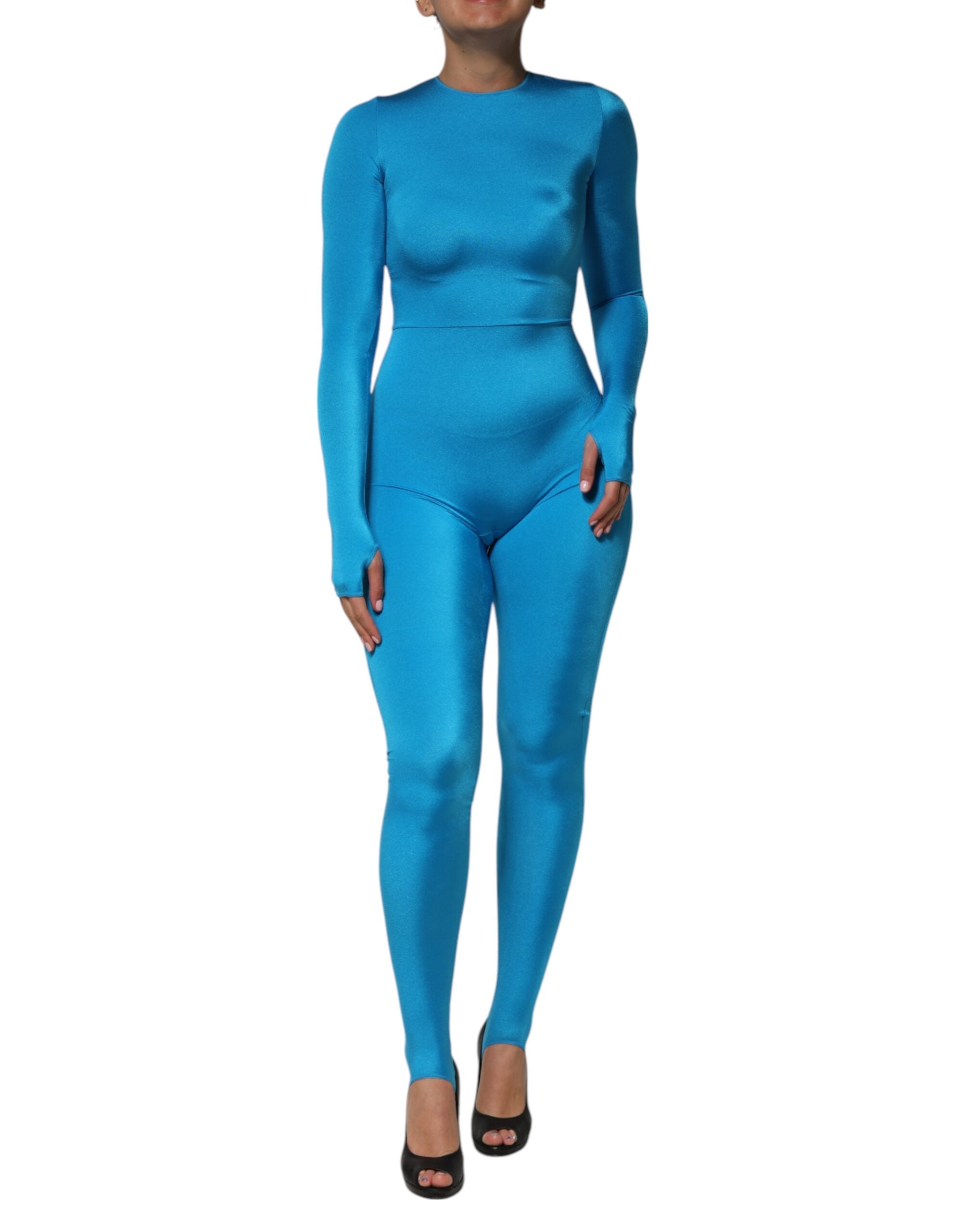 Dolce &amp; Gabbana Blå Nylon Rund Hals Bodycon Jumpsuit Kjole