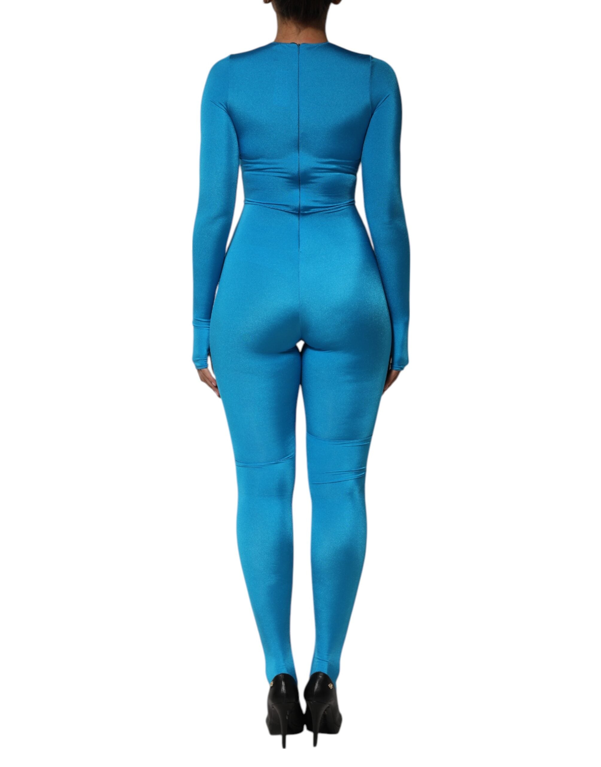 Dolce &amp; Gabbana Blå Nylon Rund Hals Bodycon Jumpsuit Kjole