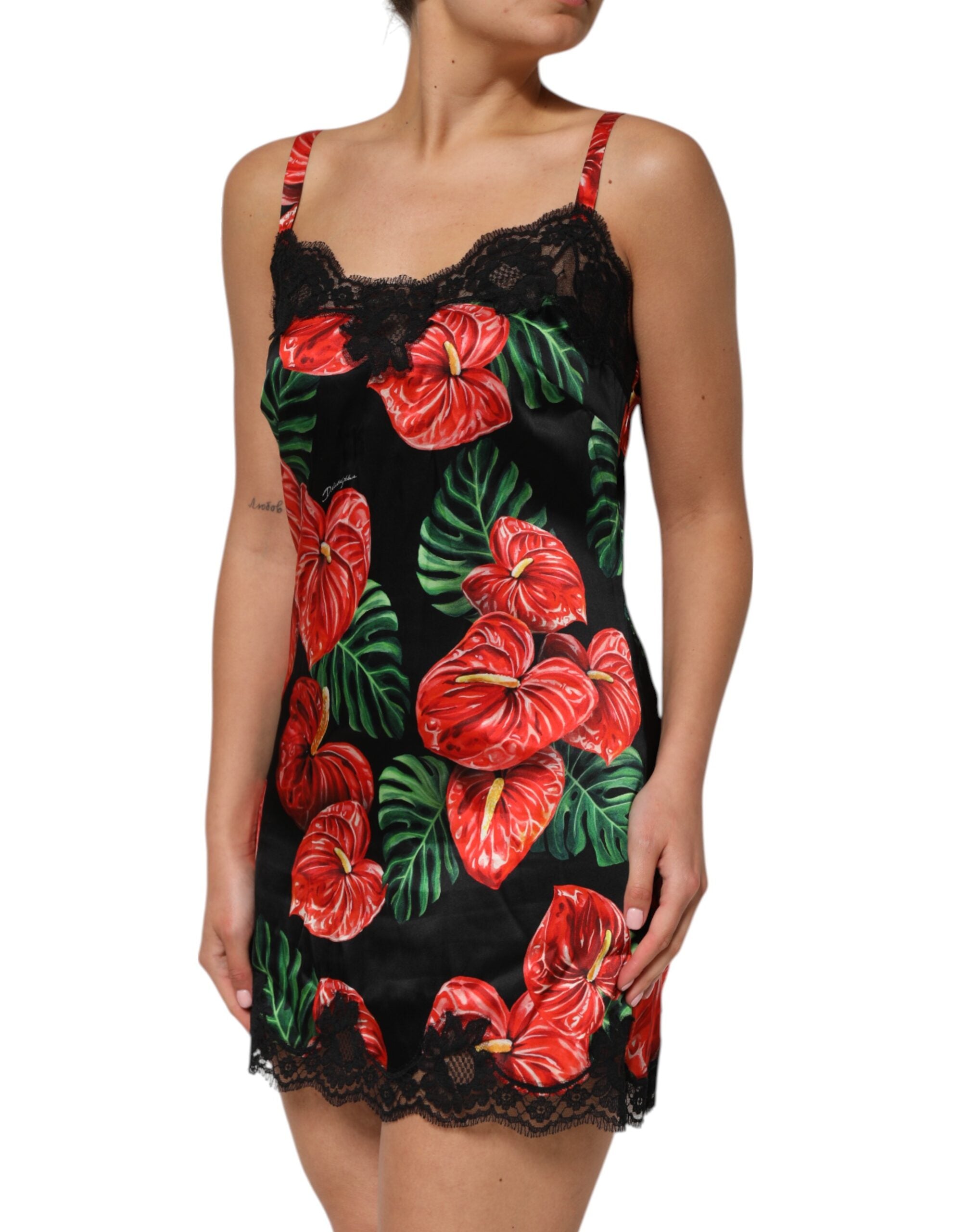 Dolce & Gabbana Black Floral Lace Trim Chemise Lingerie Dress