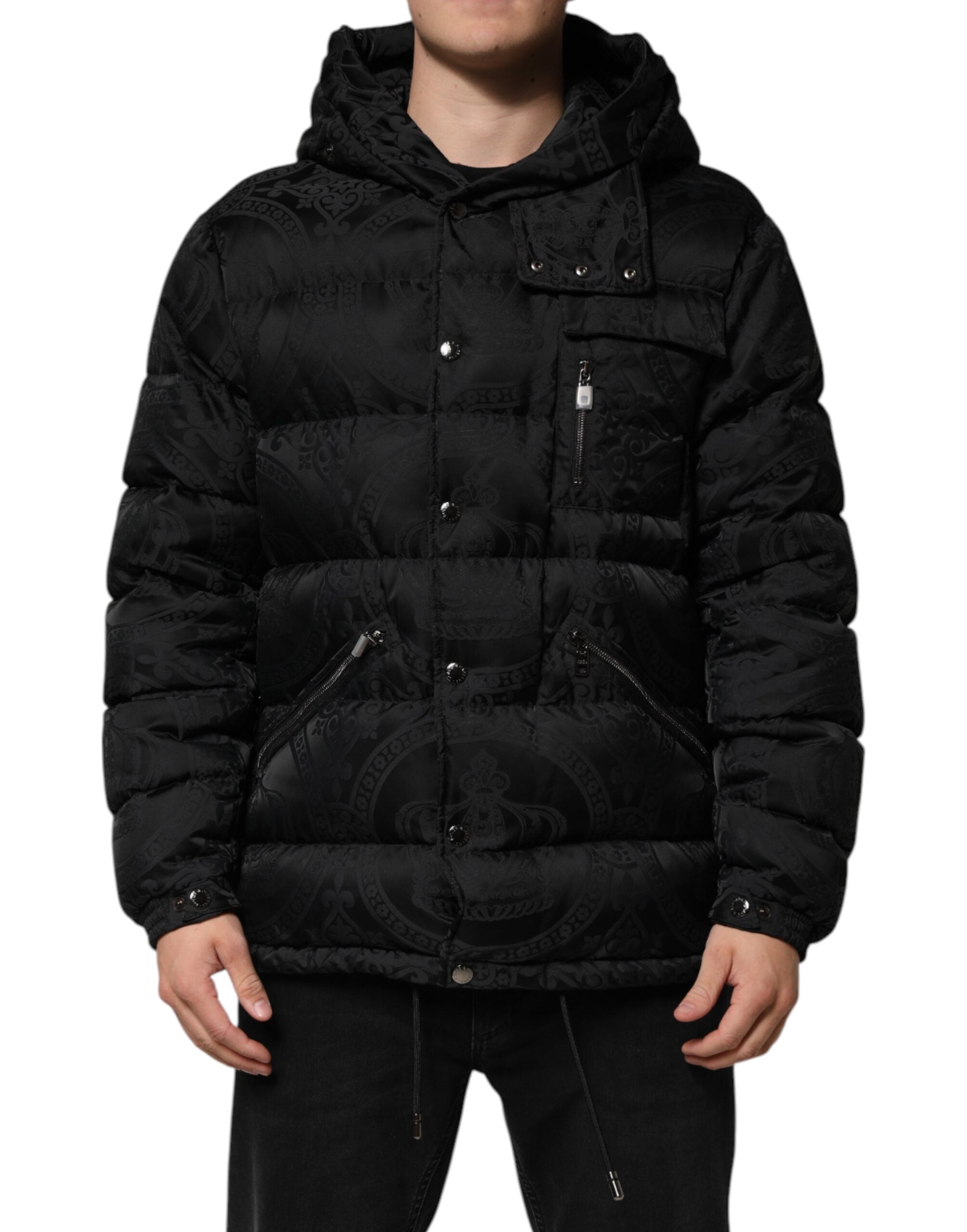 Dolce &amp; Gabbana Sort Jacquard Quiltet Puffer Jakke med Hættetrøje