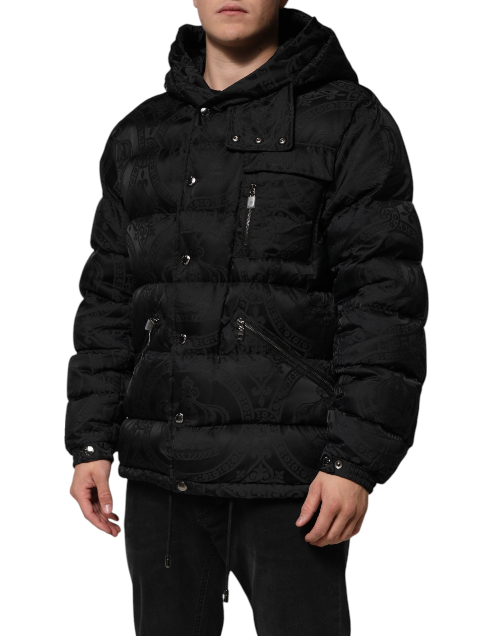 Dolce &amp; Gabbana Sort Jacquard Quiltet Puffer Jakke med Hættetrøje