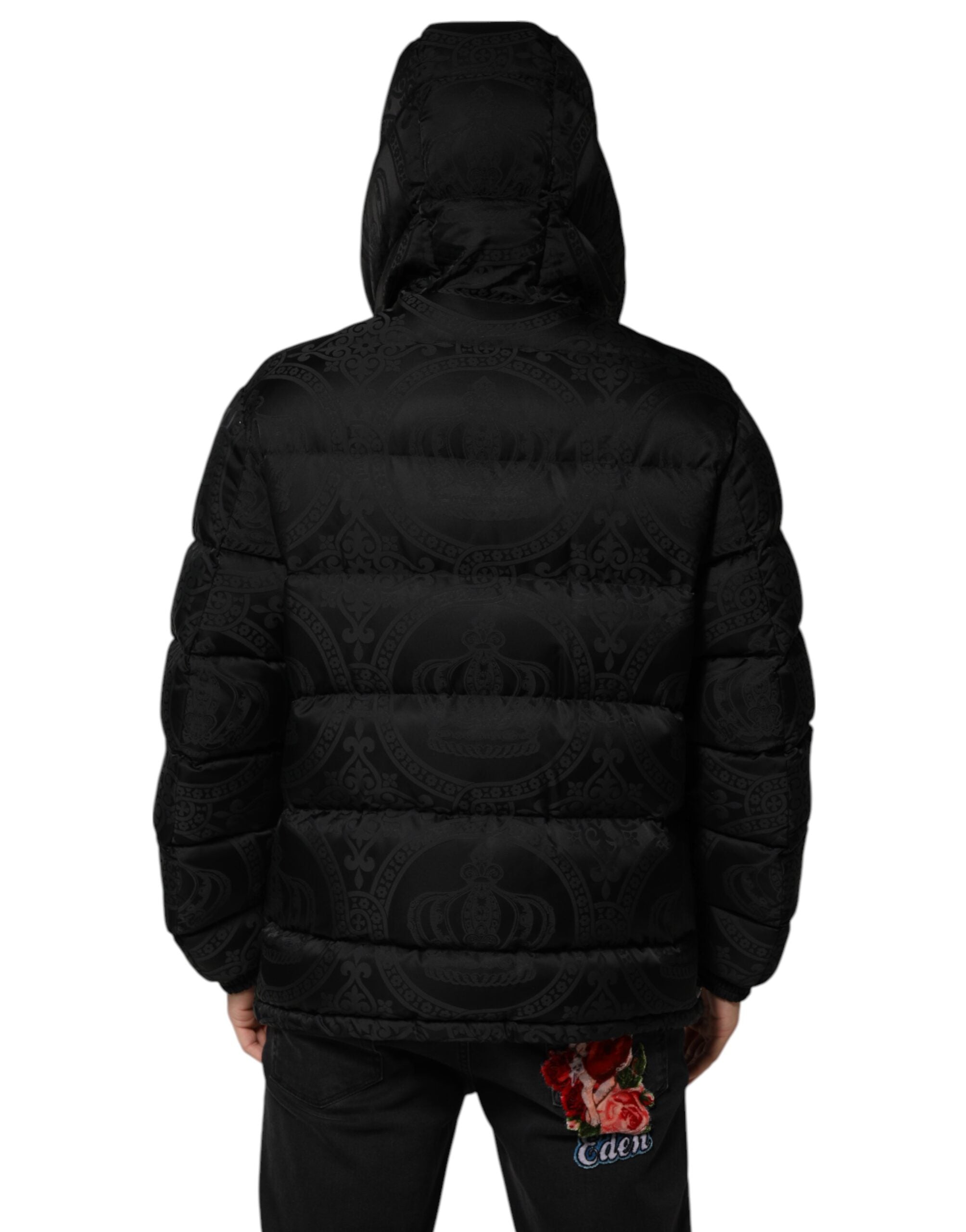 Dolce &amp; Gabbana Sort Jacquard Quiltet Puffer Jakke med Hættetrøje