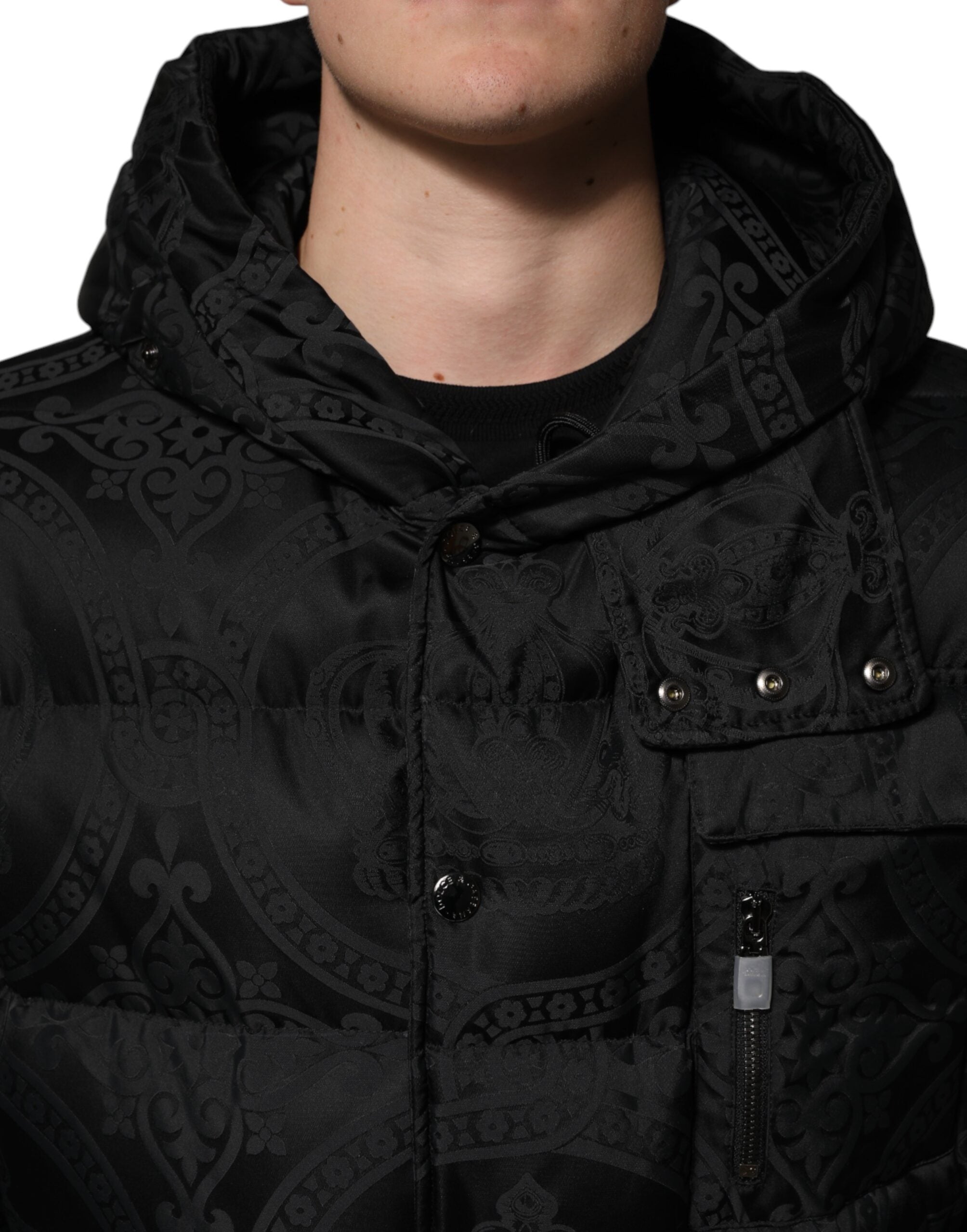 Dolce &amp; Gabbana Sort Jacquard Quiltet Puffer Jakke med Hættetrøje