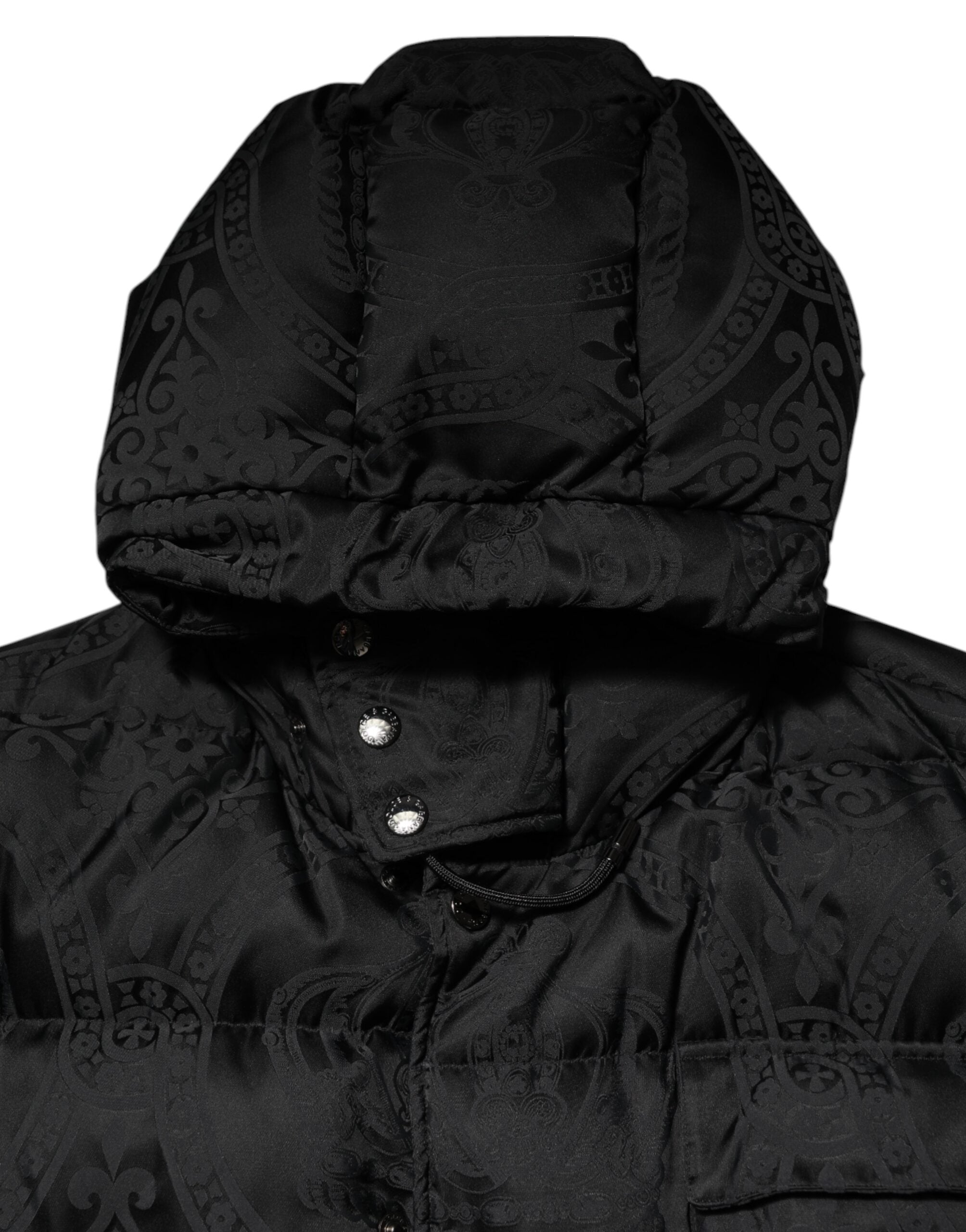 Dolce &amp; Gabbana Sort Jacquard Quiltet Puffer Jakke med Hættetrøje