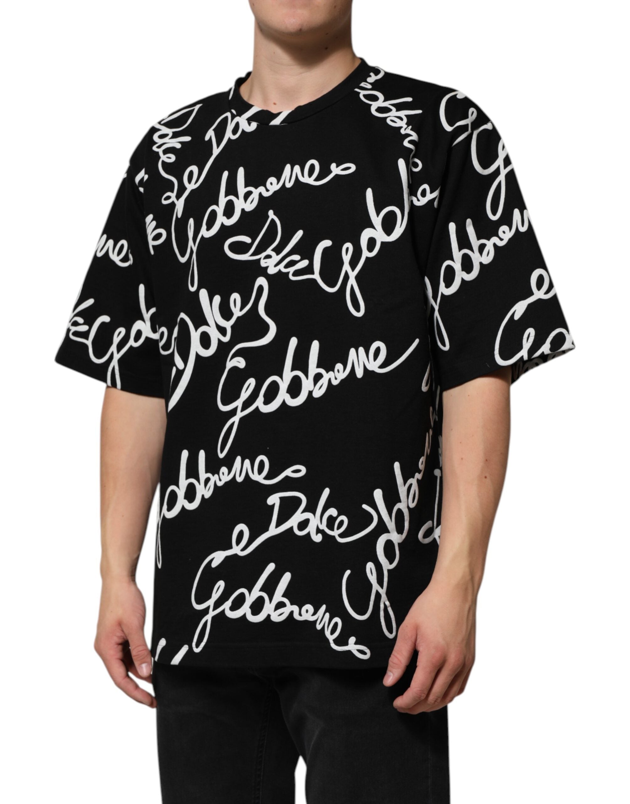 Dolce &amp; Gabbana T-shirt med sort logotryk i bomuld med rund hals