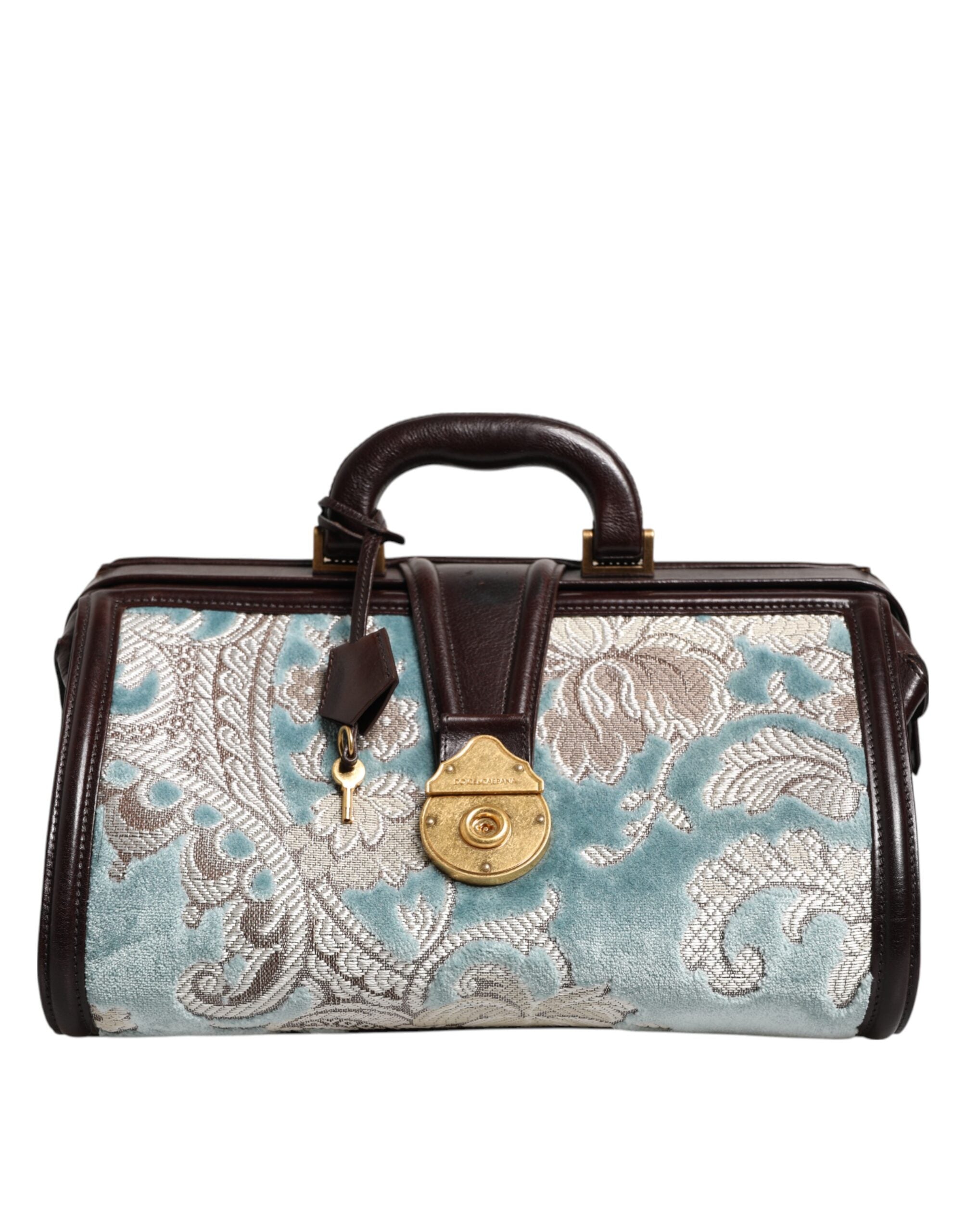 Dolce &amp; Gabbana Blå Brun Læder Blomster Jacquard Rejsetaske