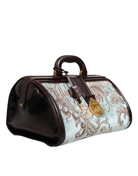 Dolce &amp; Gabbana Blå Brun Læder Blomster Jacquard Rejsetaske