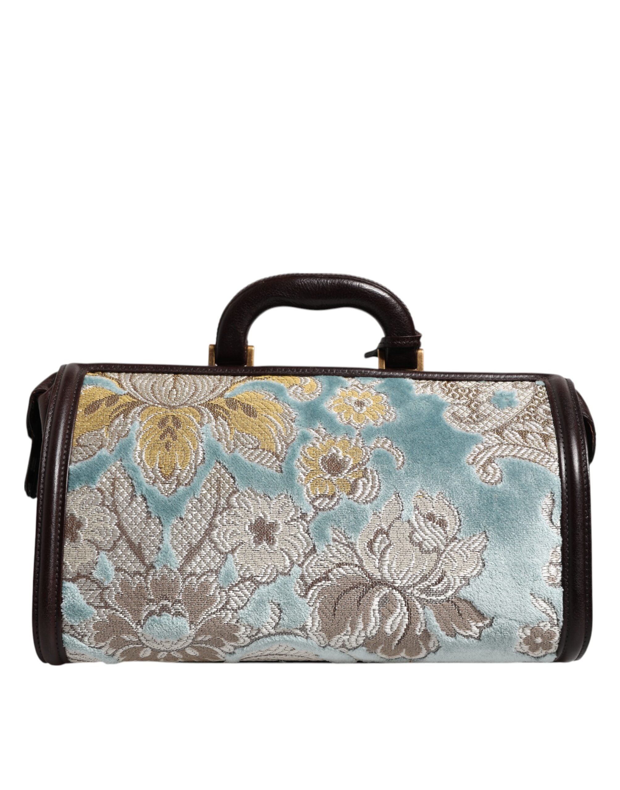 Dolce &amp; Gabbana Blå Brun Læder Blomster Jacquard Rejsetaske