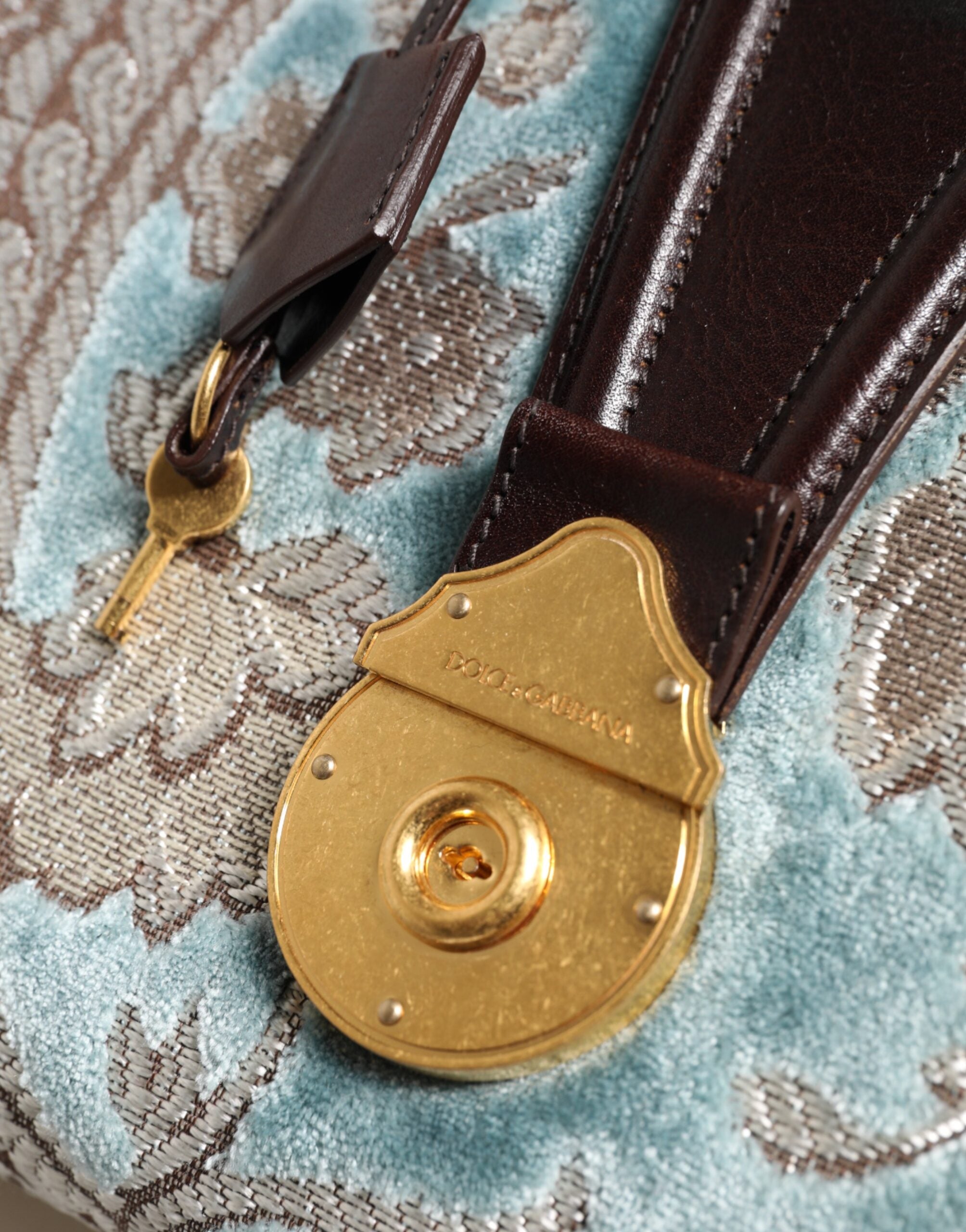 Dolce &amp; Gabbana Blå Brun Læder Blomster Jacquard Rejsetaske