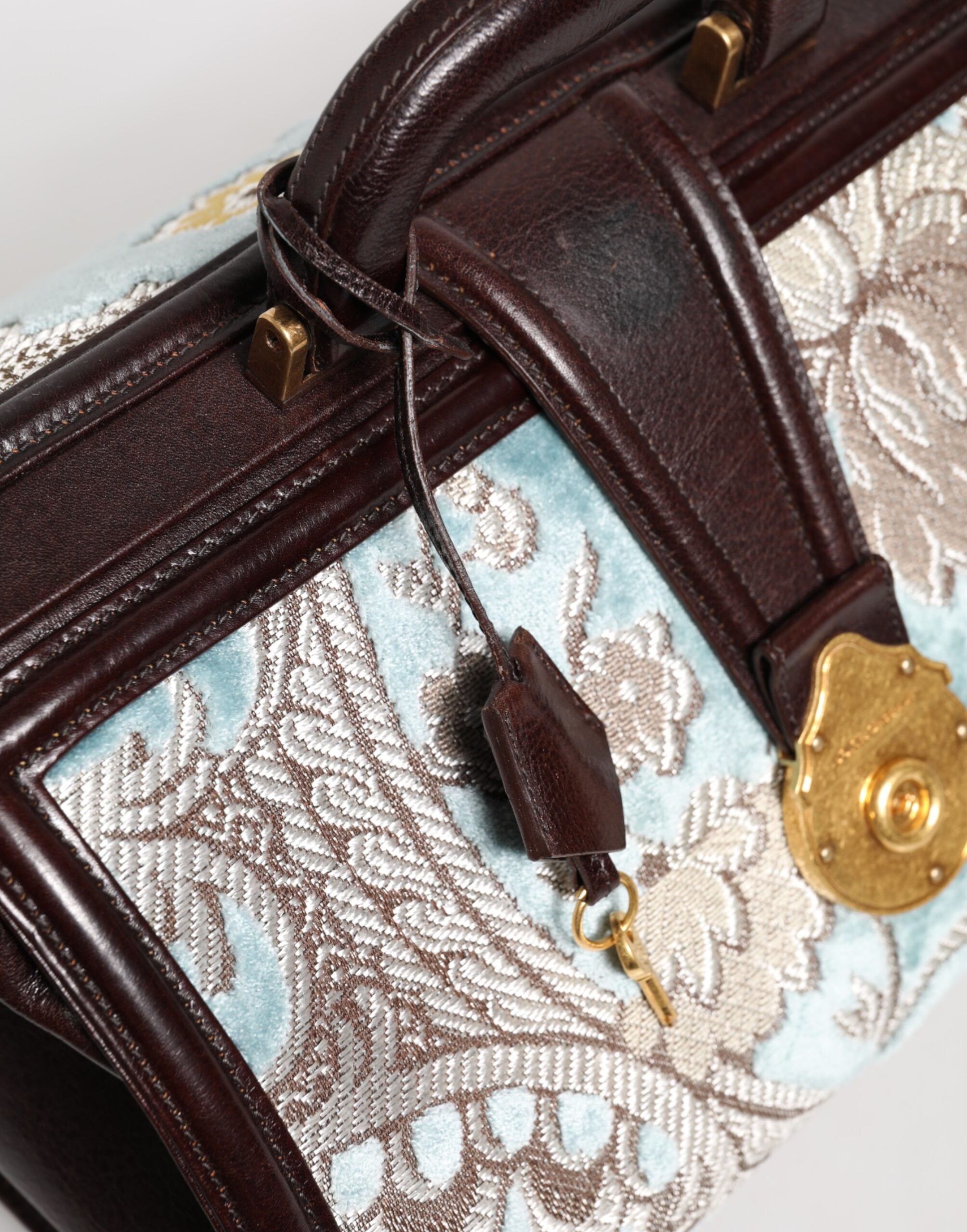 Dolce &amp; Gabbana Blå Brun Læder Blomster Jacquard Rejsetaske