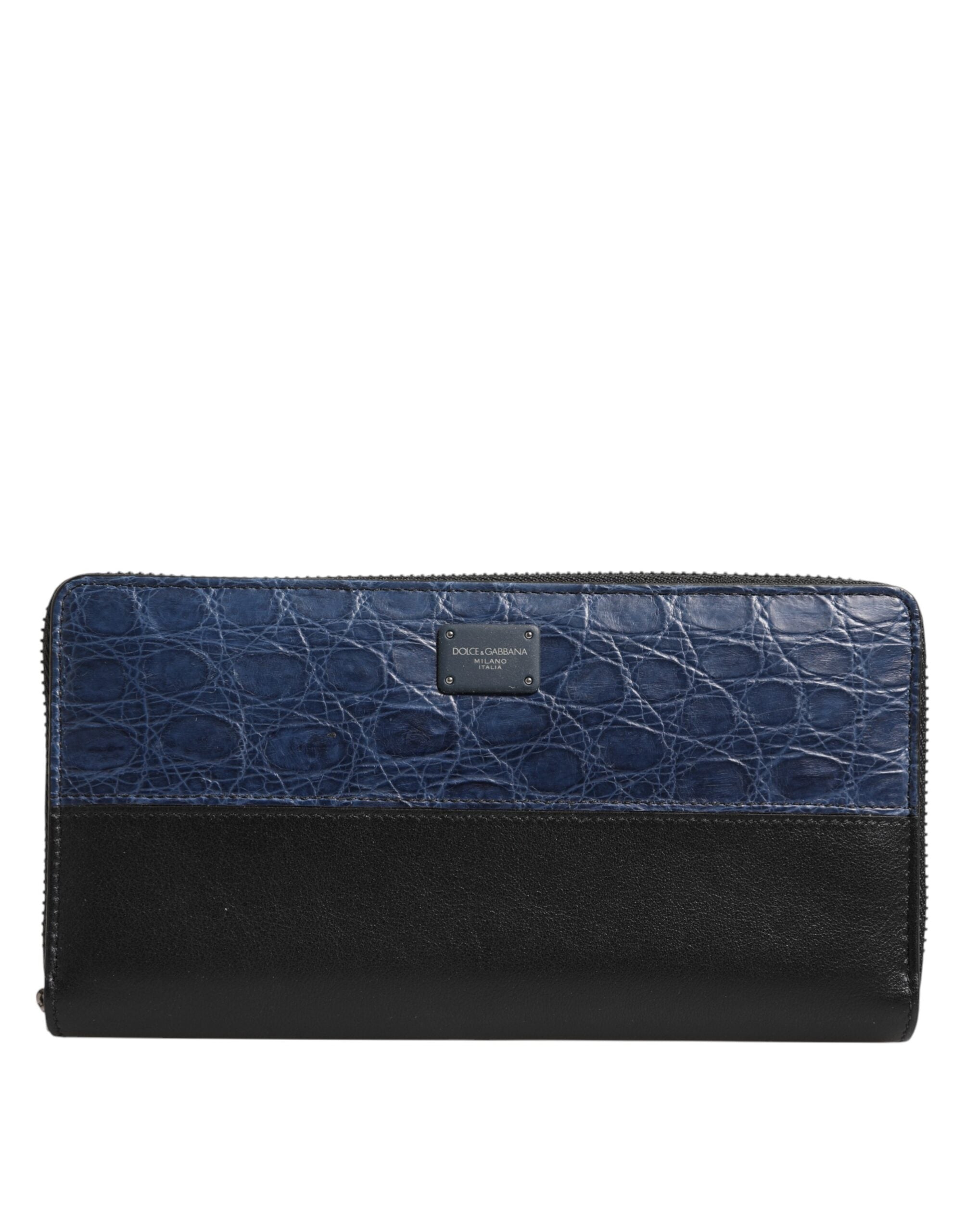 Dolce &amp; Gabbana Sort Blå Eksotisk Læder Herre Continental Clutch Pung