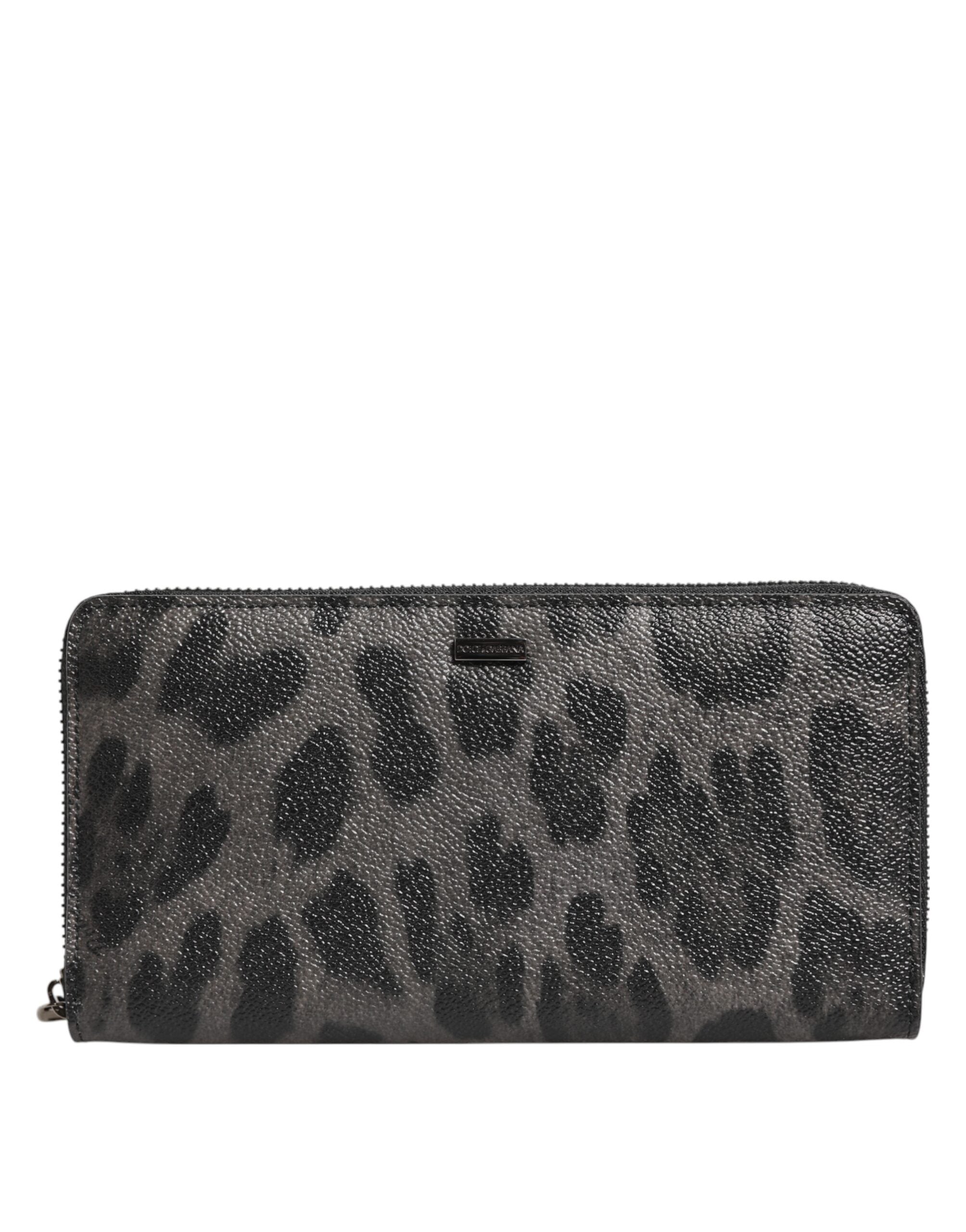 Dolce &amp; Gabbana Sort Grå Leopard Læder Lynlås Rundt Continental Pung