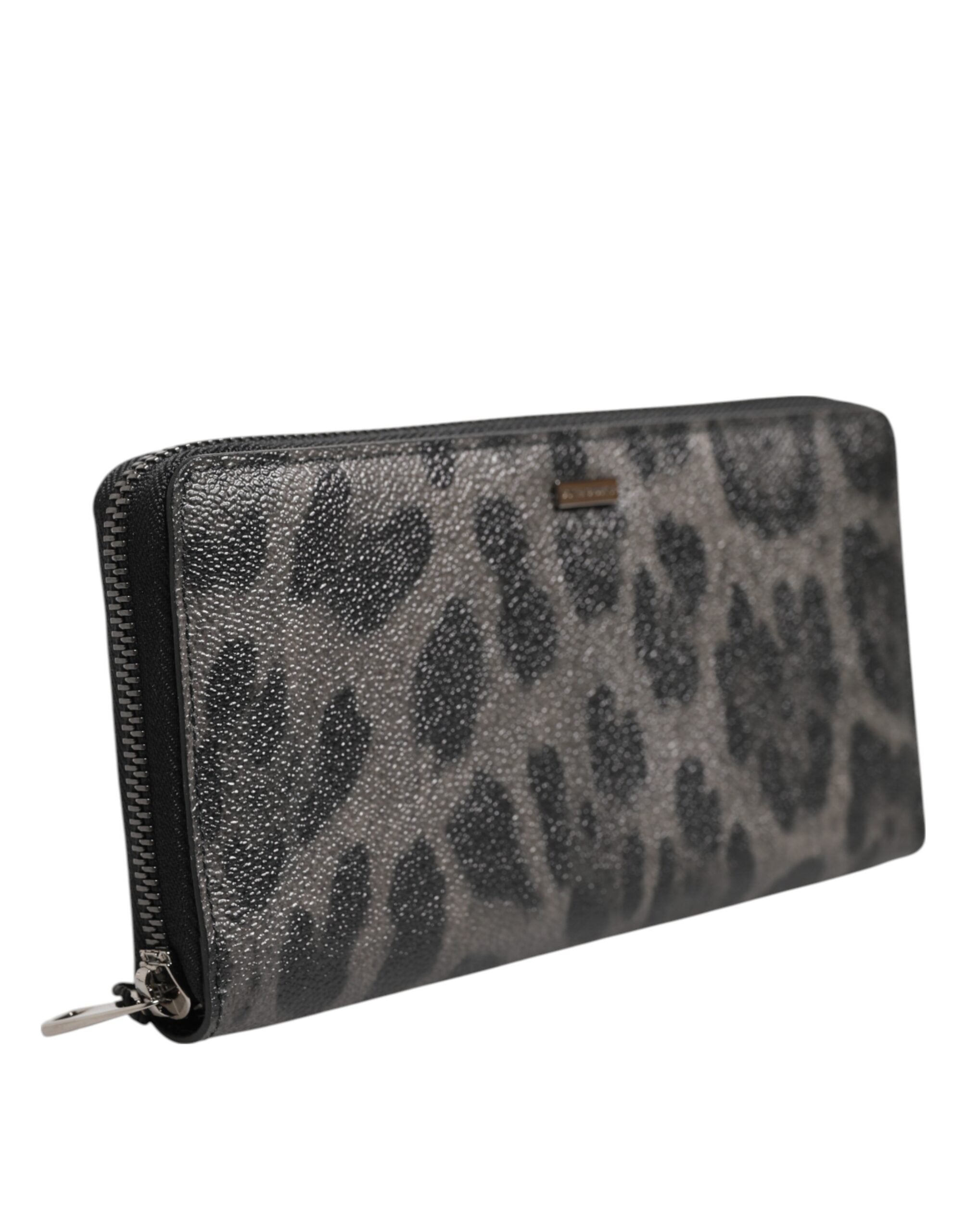 Dolce &amp; Gabbana Sort Grå Leopard Læder Lynlås Rundt Continental Pung