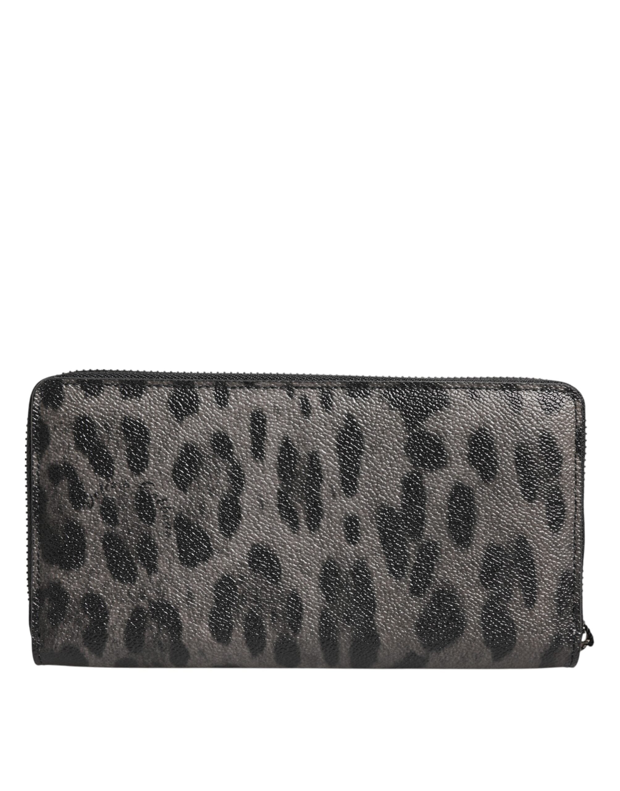 Dolce &amp; Gabbana Sort Grå Leopard Læder Lynlås Rundt Continental Pung
