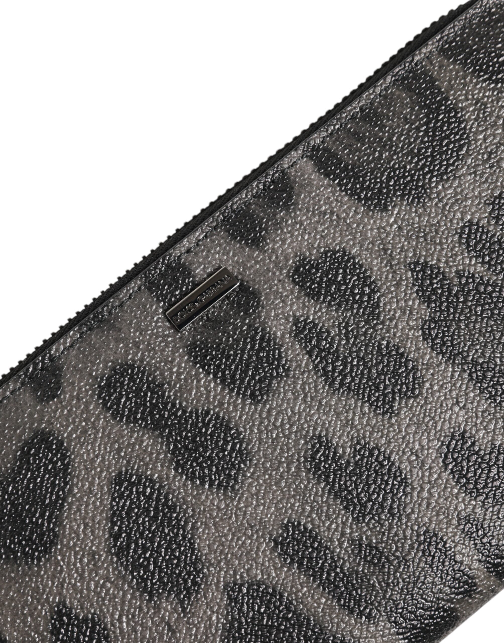 Dolce &amp; Gabbana Sort Grå Leopard Læder Lynlås Rundt Continental Pung