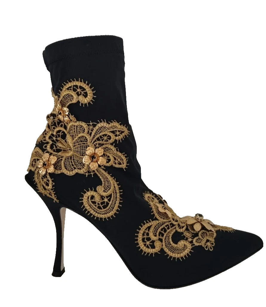 Dolce &amp; Gabbana Svarta Guld Broderade Kristallstövlar Skor