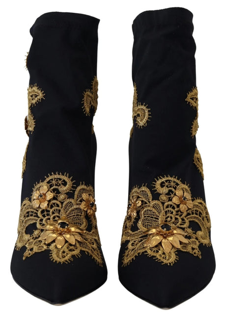 Dolce &amp; Gabbana Sorte Guld Broderet Krystalstøvler Sko