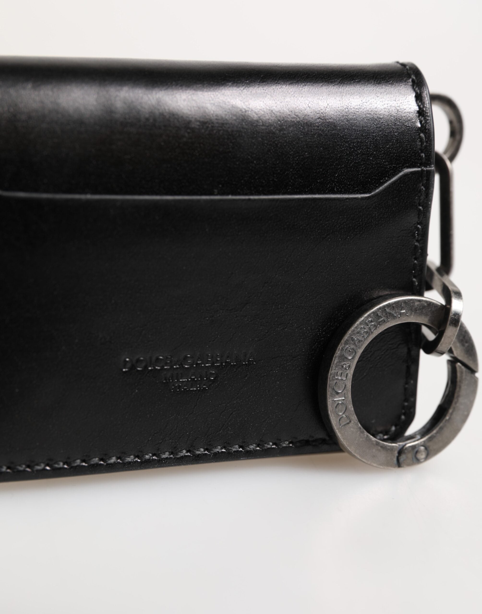 Dolce &amp; Gabbana Plånbok Svart Läder Logotyp Präglad Nyckelring Korthållare Plånbok