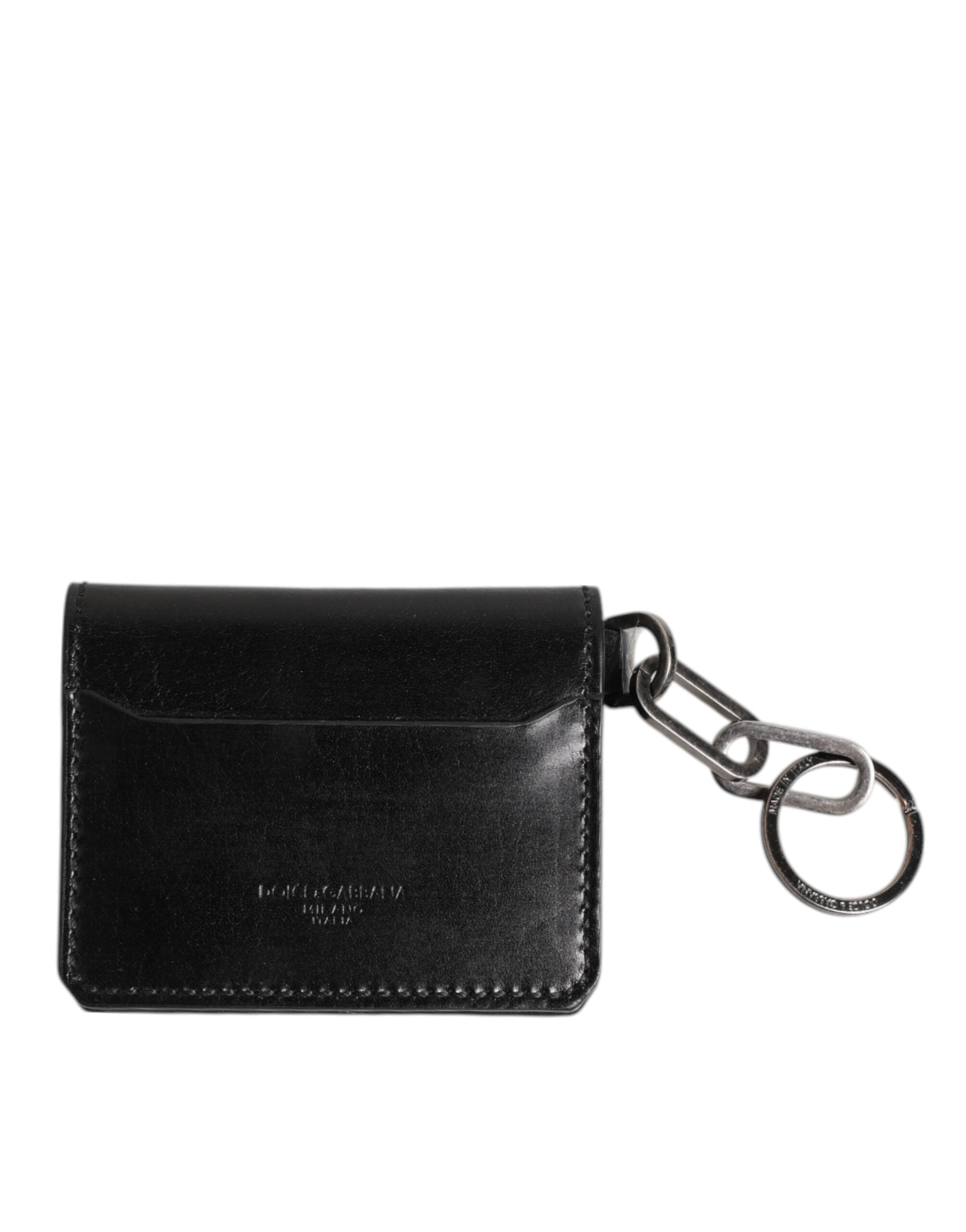 Dolce &amp; Gabbana Sort Læder Nøglering Med Præget Logo Kortholder Pung