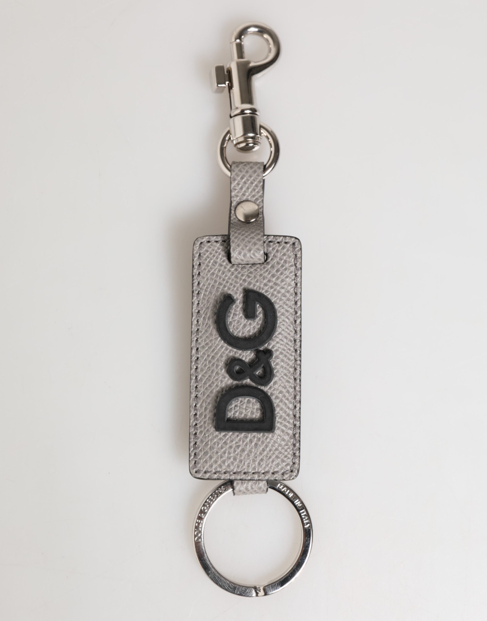Dolce &amp; Gabbana Grå Læder Logo Metal Ring Nøglering Holder Herre Nøglering