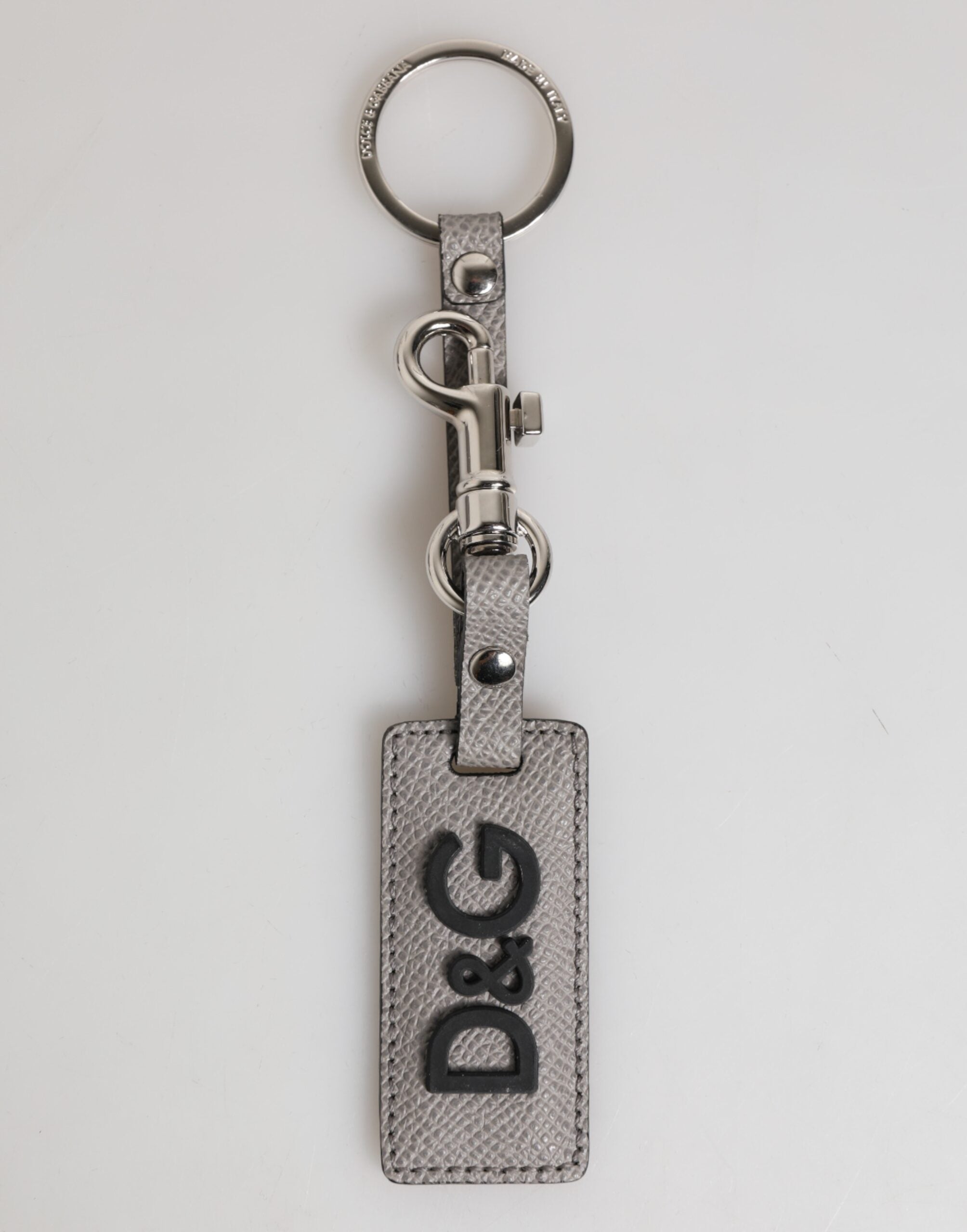 Dolce &amp; Gabbana Grå Læder Logo Metal Ring Nøglering Holder Herre Nøglering