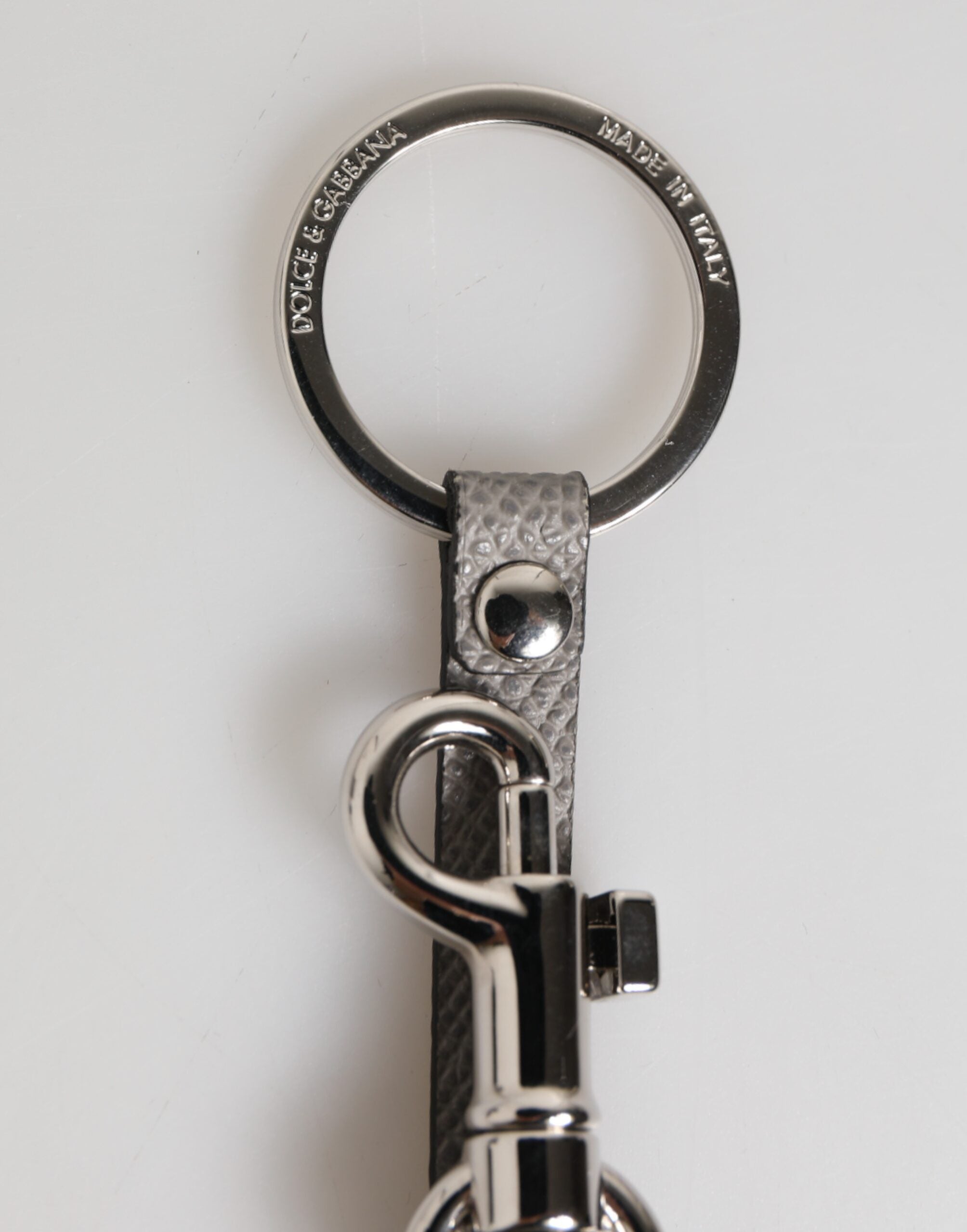 Dolce &amp; Gabbana Grå Læder Logo Metal Ring Nøglering Holder Herre Nøglering