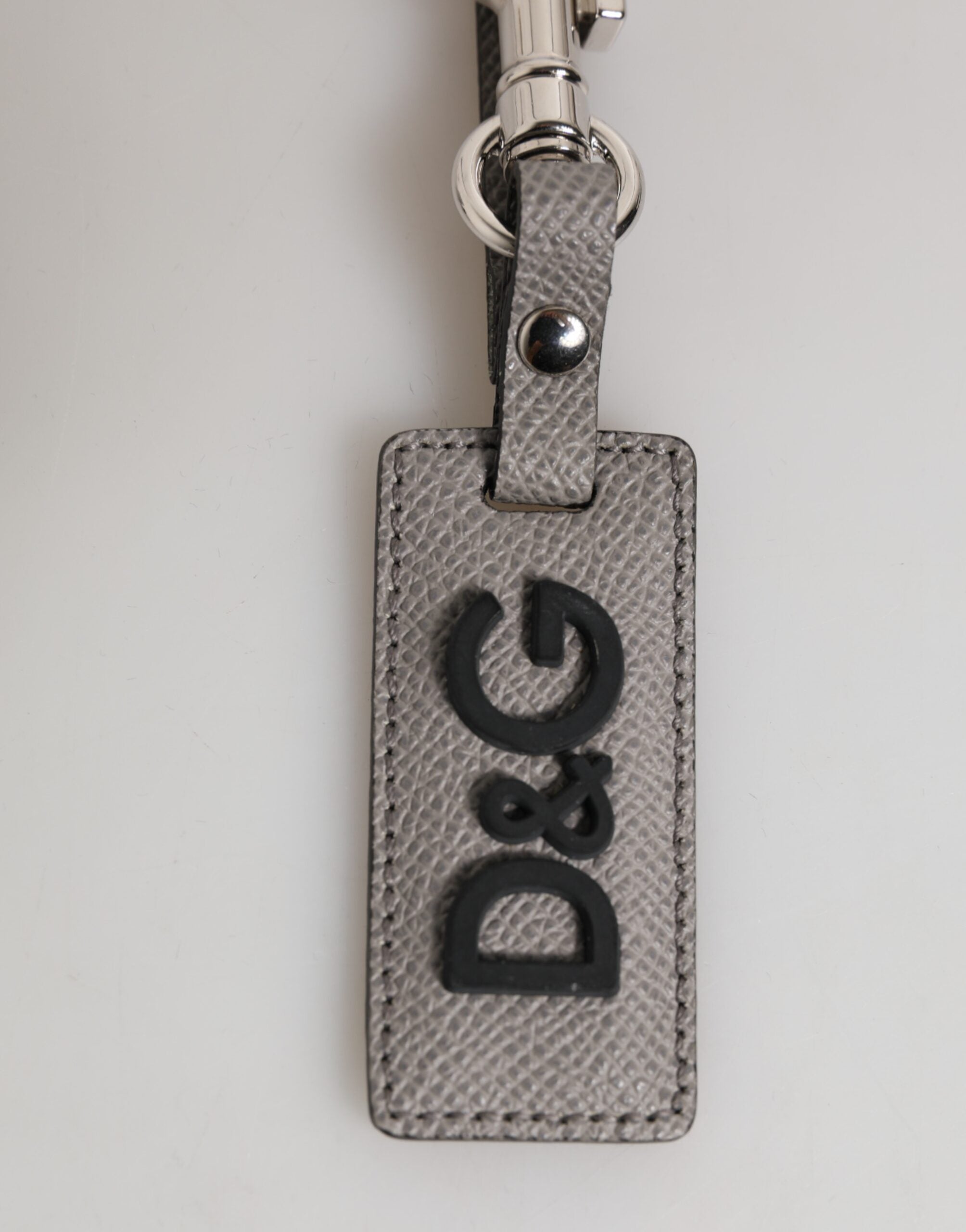 Dolce &amp; Gabbana Grå Læder Logo Metal Ring Nøglering Holder Herre Nøglering