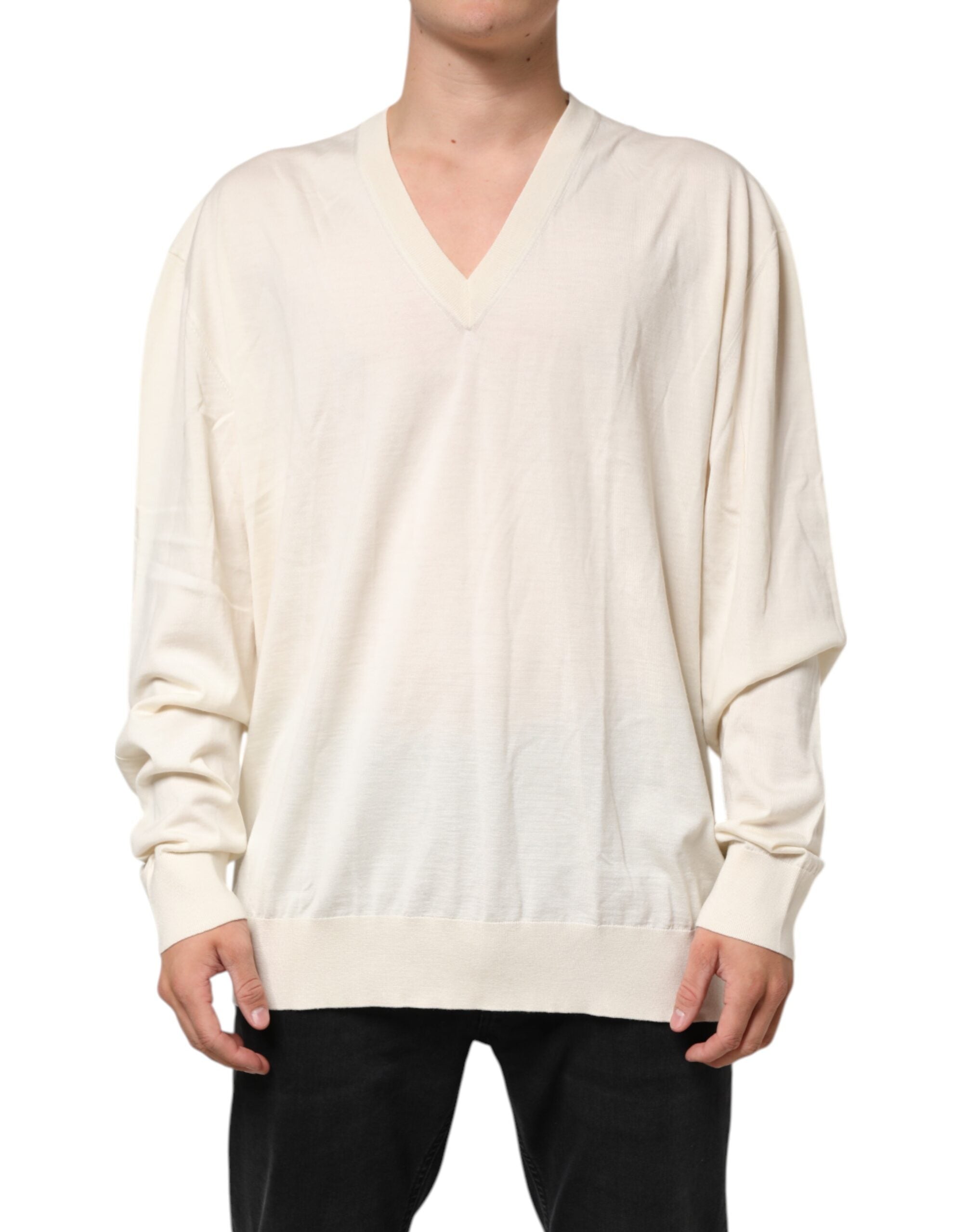 Dolce &amp; Gabbana Elfenben Virgin Wool Herre V-hals Striktrøje