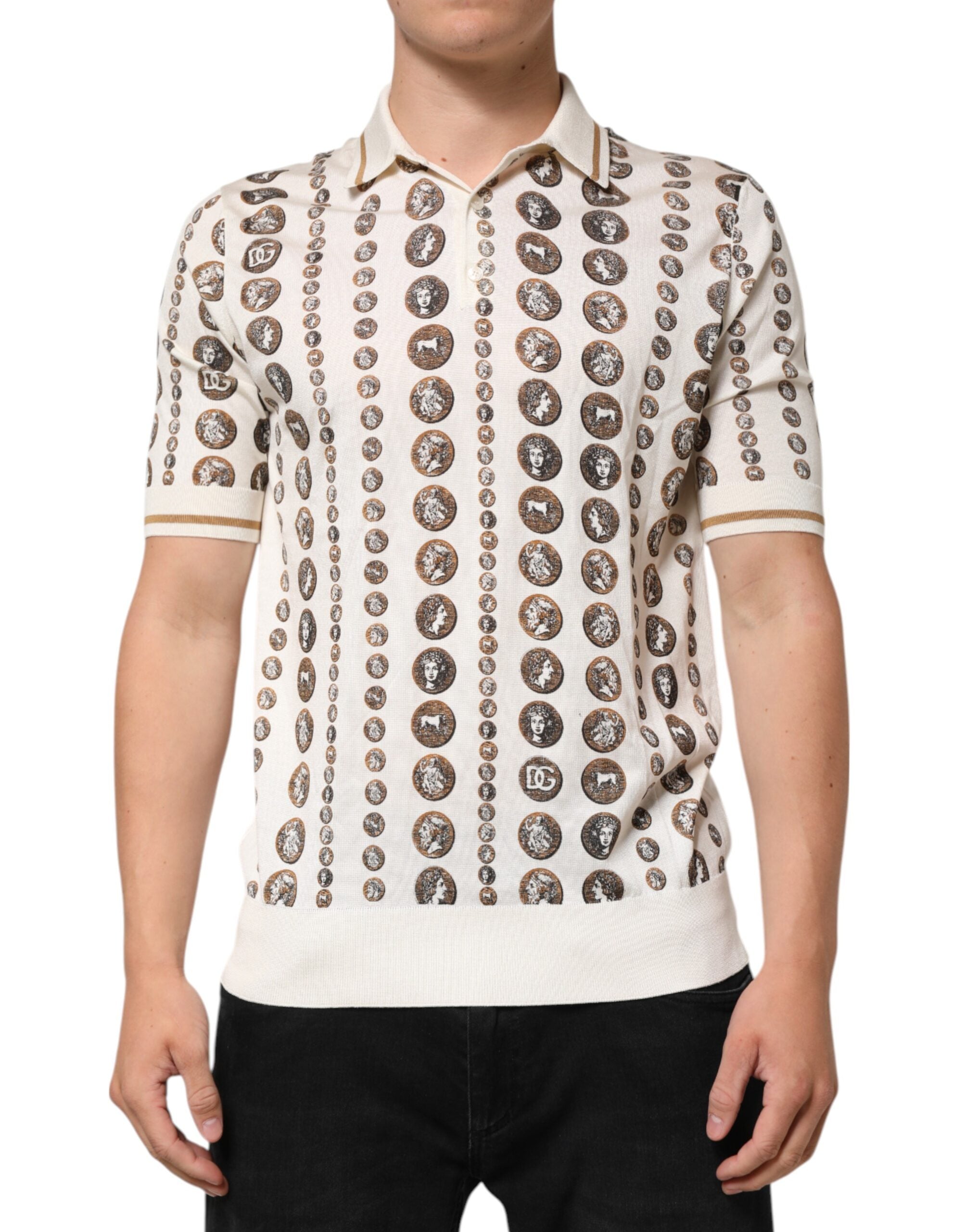Dolce &amp; Gabbana Silk Elfenben Mynttryck Logo Herr Pikétröja