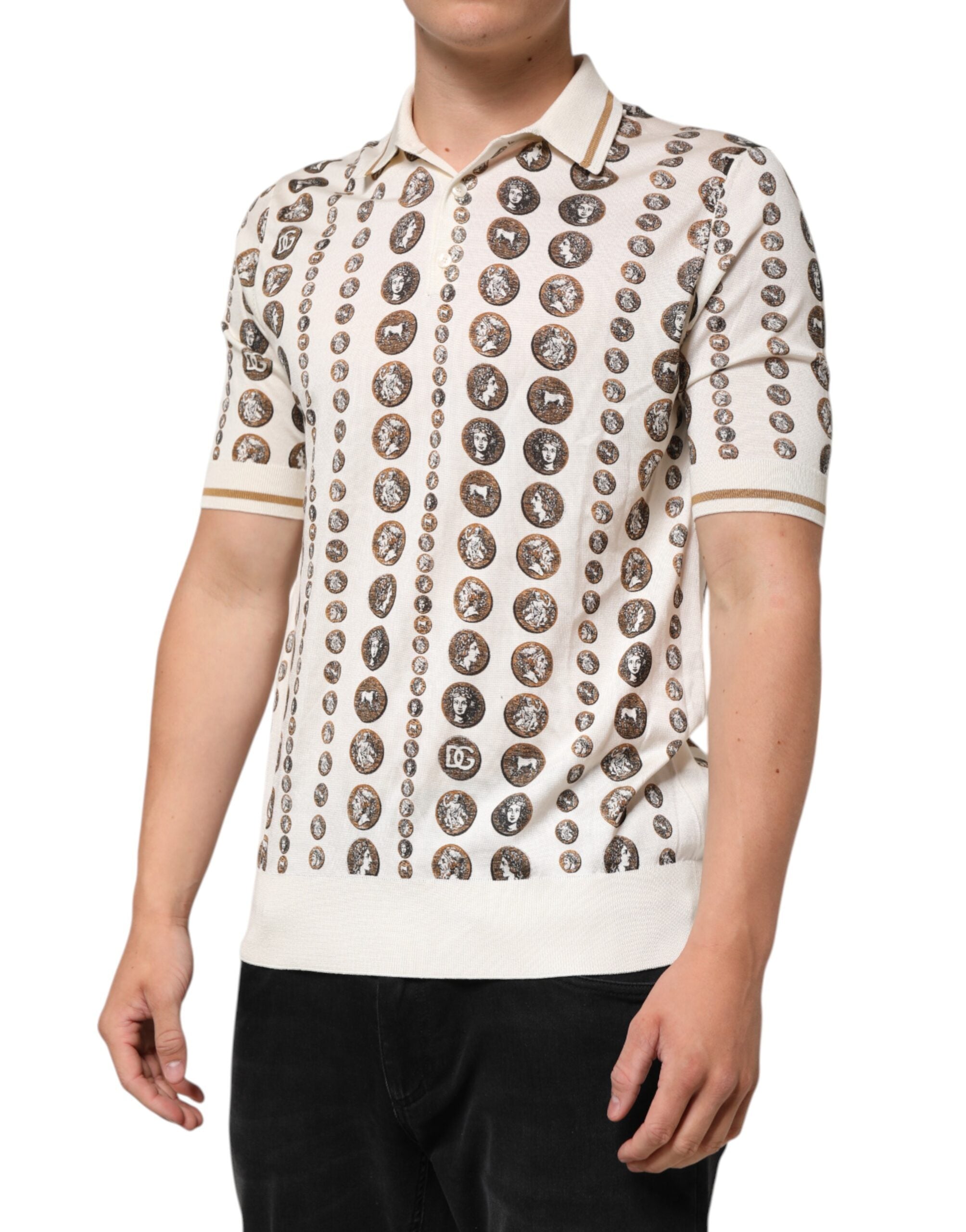 Dolce &amp; Gabbana Silk Elfenben Mynttryck Logo Herr Pikétröja