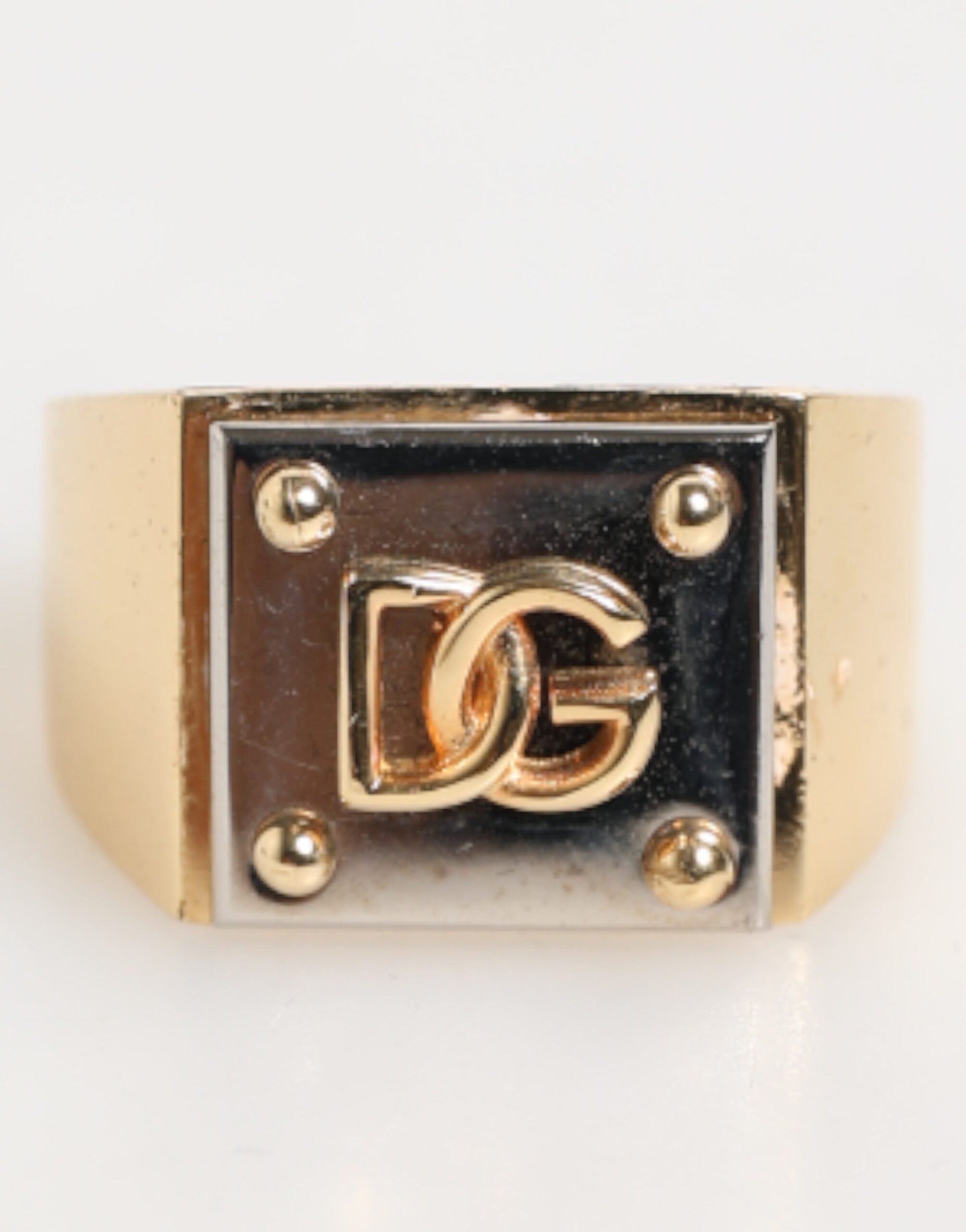Dolce & Gabbana Gold Tone Brass Signet Square DG Logo Plaque Men Ring