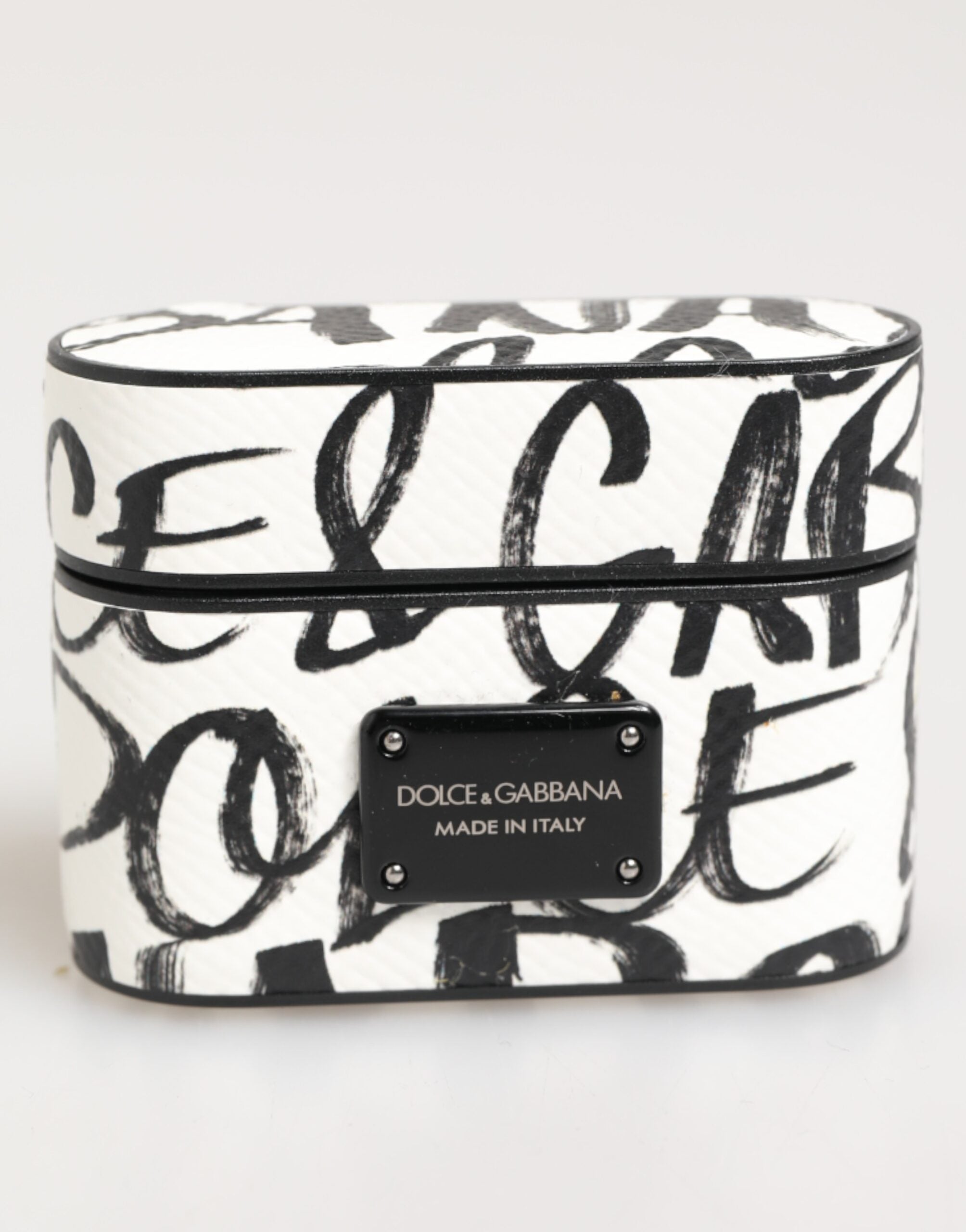 Dolce &amp; Gabbana Svartvitt Läderfodral med Monogramtryck och Logotyp – Hållare för Airpods