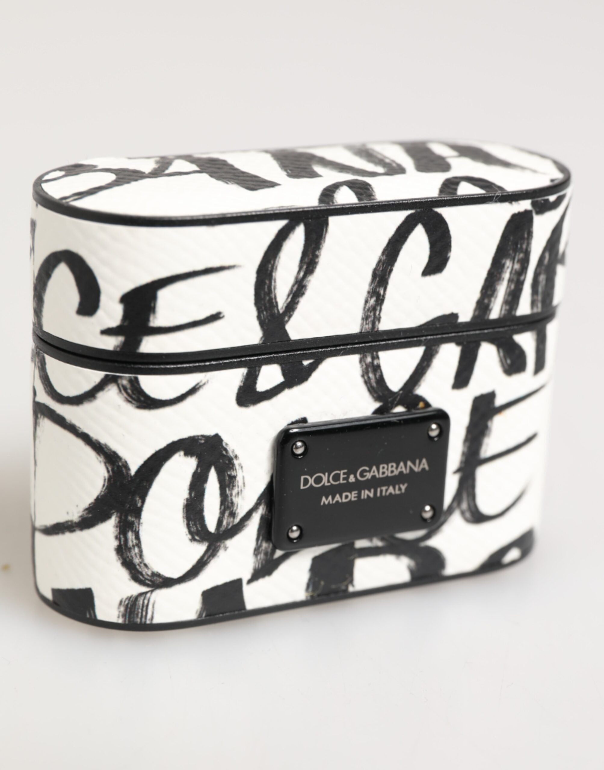 Dolce &amp; Gabbana Svartvitt Läderfodral med Monogramtryck och Logotyp – Hållare för Airpods