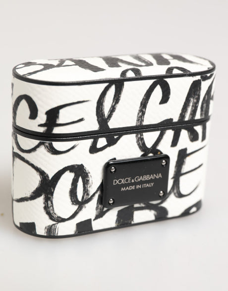 Dolce &amp; Gabbana Svartvitt Läderfodral med Monogramtryck och Logotyp – Hållare för Airpods