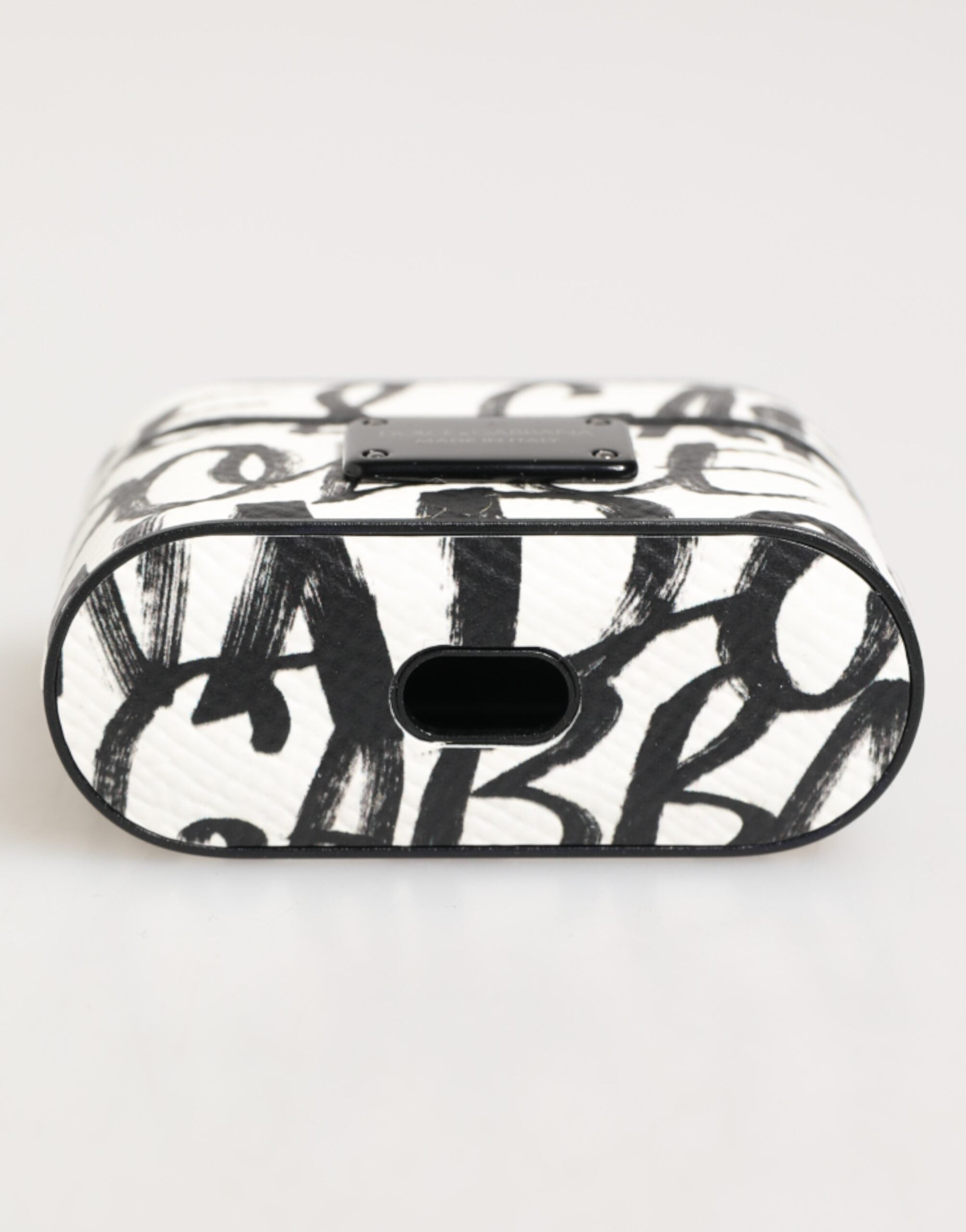 Dolce &amp; Gabbana Svartvitt Läderfodral med Monogramtryck och Logotyp – Hållare för Airpods
