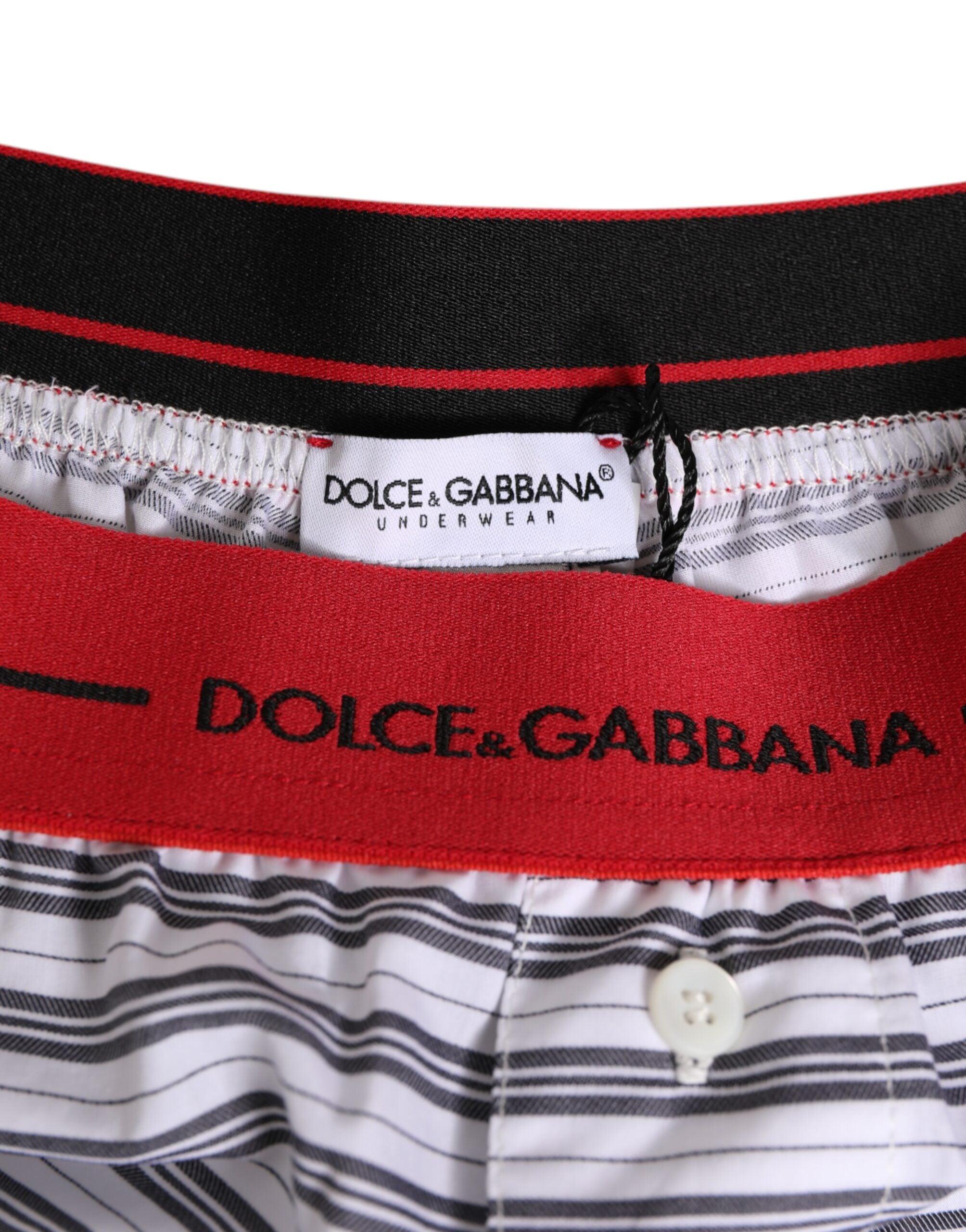 Dolce &amp; Gabbana Hvidstribede Shorts i Bomuld med Rød Talje og Badetøj