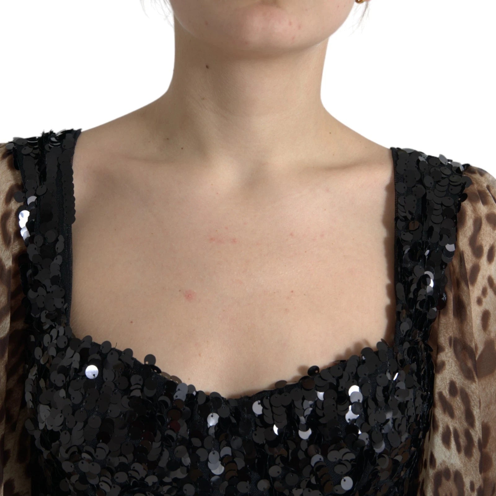 Dolce &amp; Gabbana Leopardmönstrad Sidenklänning med Paljetter och Volang