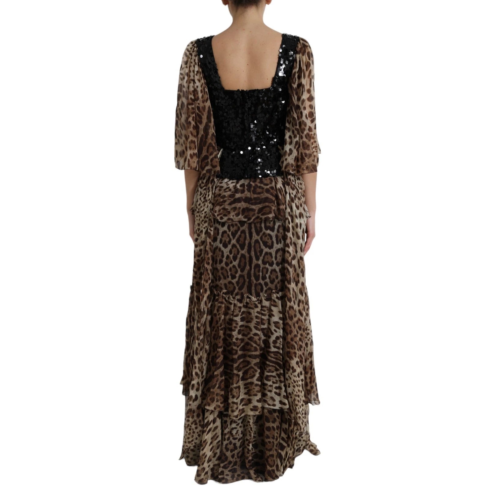 Dolce &amp; Gabbana Leopardmönstrad Sidenklänning med Paljetter och Volang