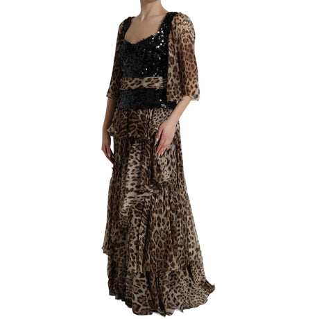 Dolce &amp; Gabbana Leopardmönstrad Sidenklänning med Paljetter och Volang