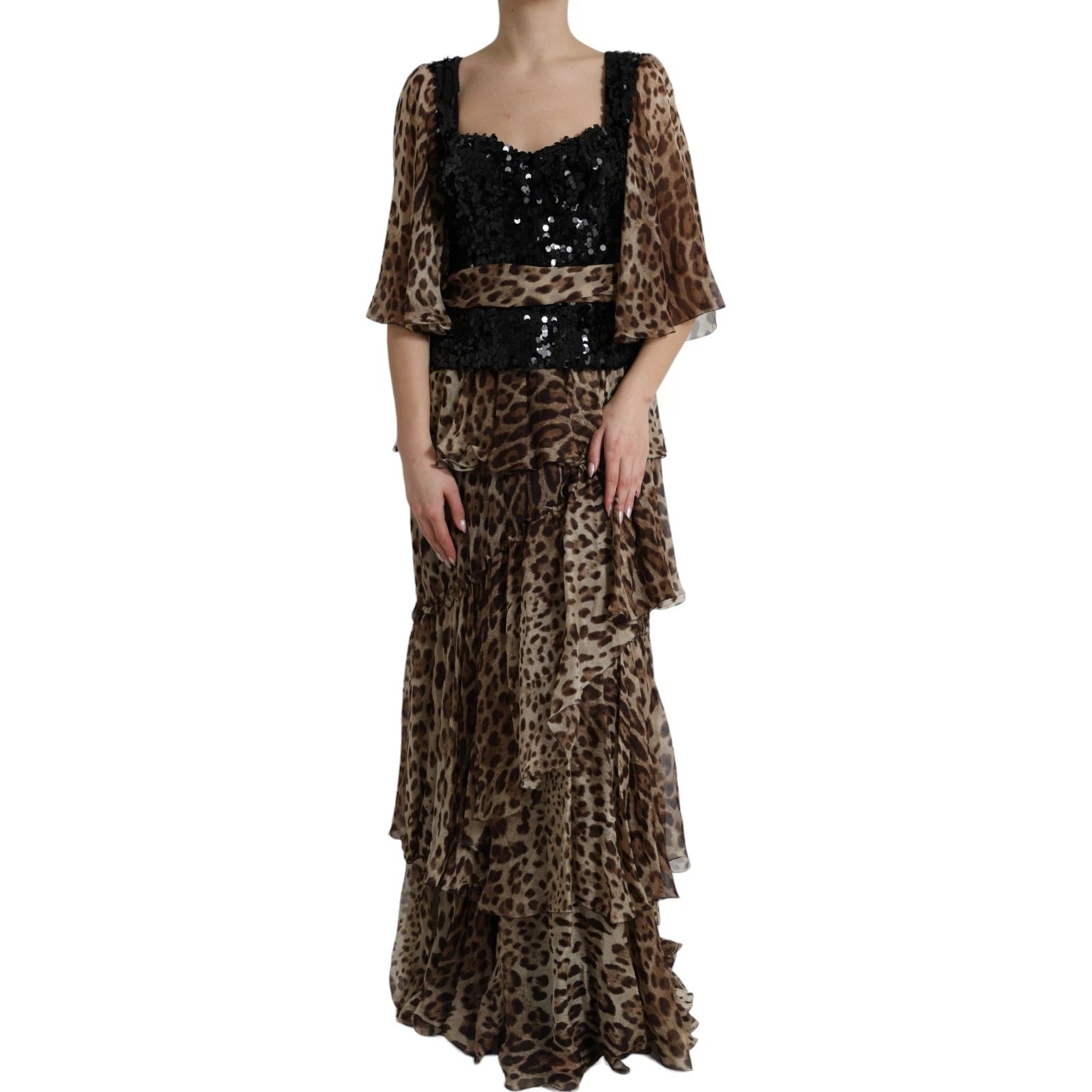 Dolce &amp; Gabbana Leopardmönstrad Sidenklänning med Paljetter och Volang