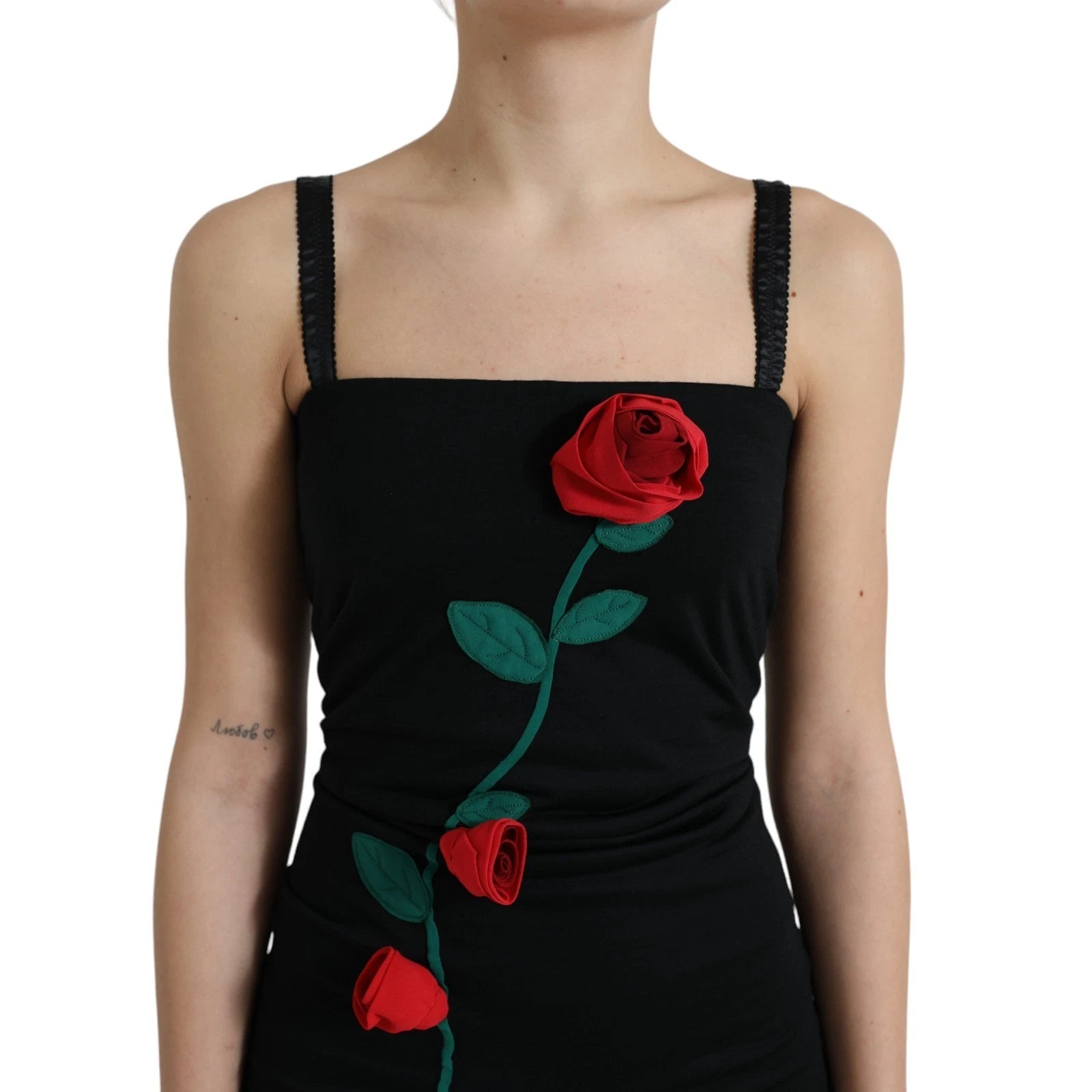 Dolce &amp; Gabbana Svart ullklänning med ärmlös rosapplikation