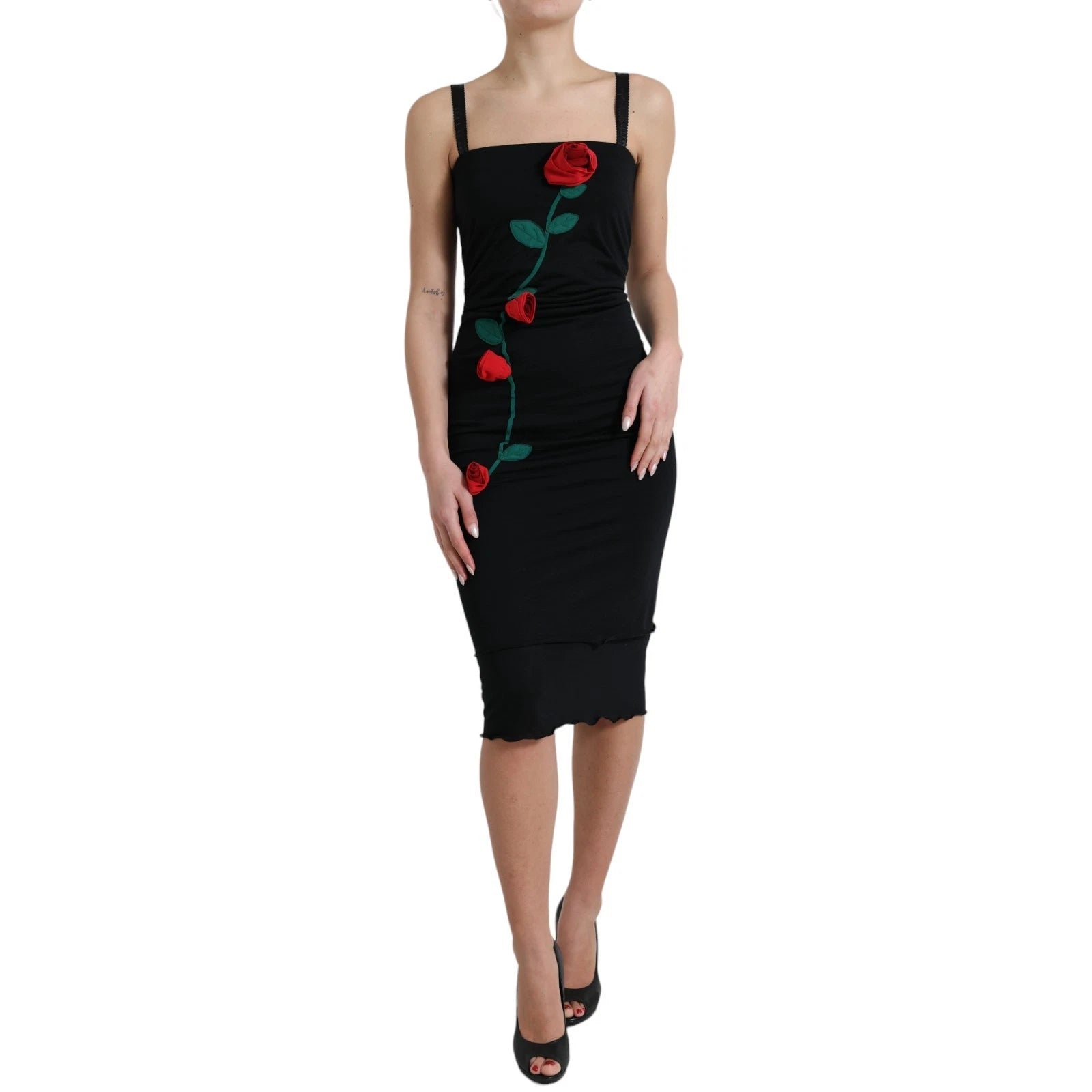 Dolce &amp; Gabbana Svart ullklänning med ärmlös rosapplikation
