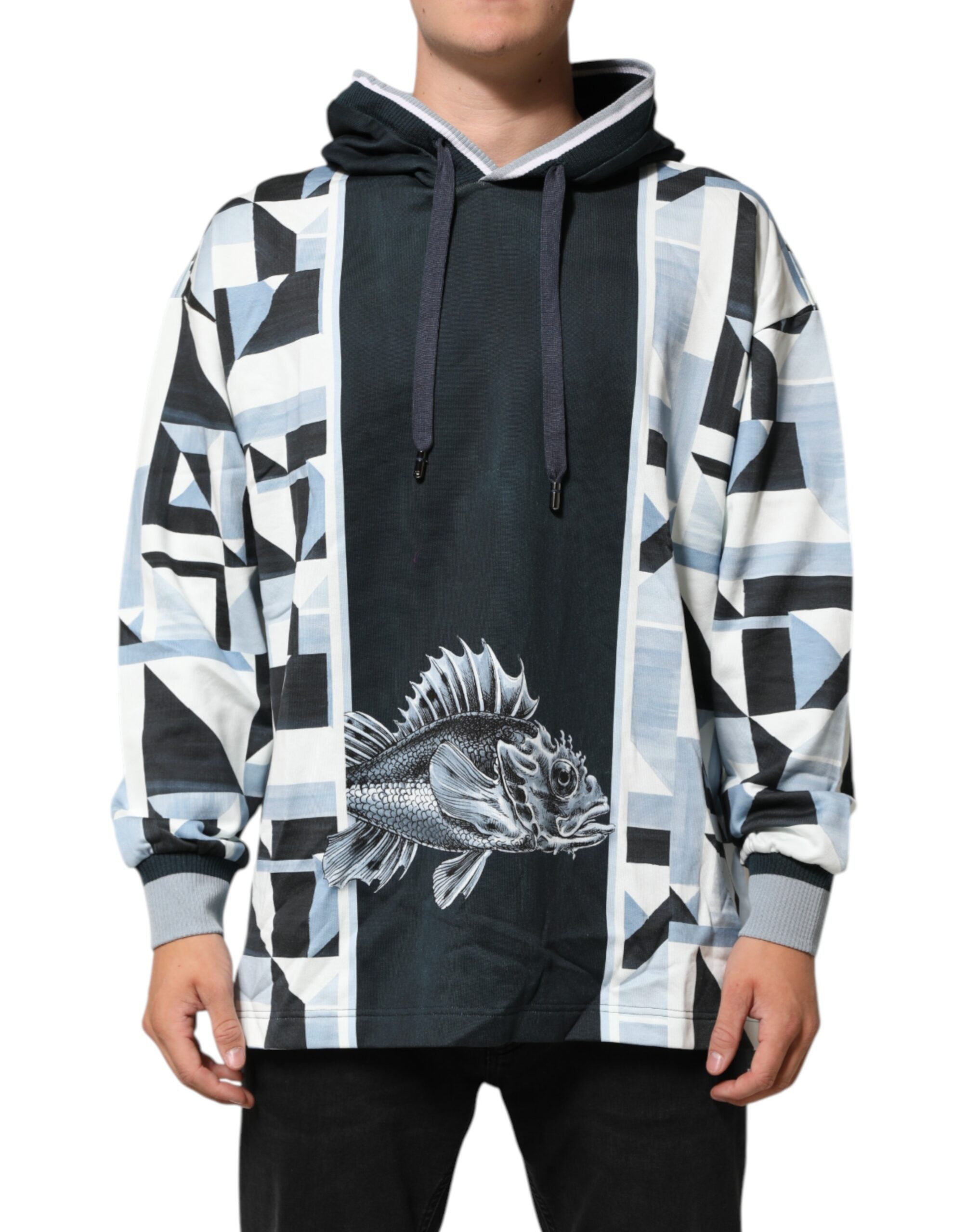 Dolce & Gabbana Blue Geometric Print Cotton Panel Pullover Hoodie Sweater