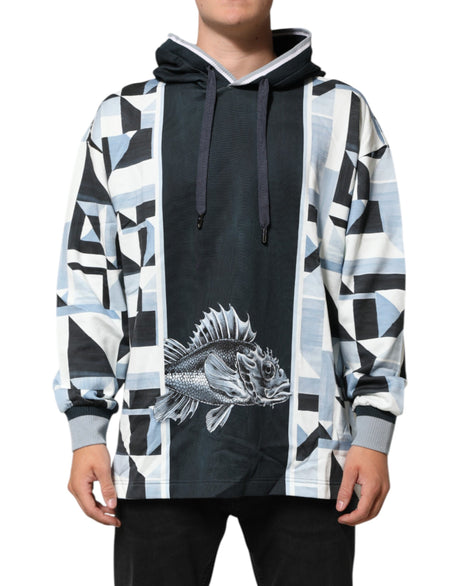 Dolce & Gabbana Blue Geometric Print Cotton Panel Pullover Hoodie Sweater